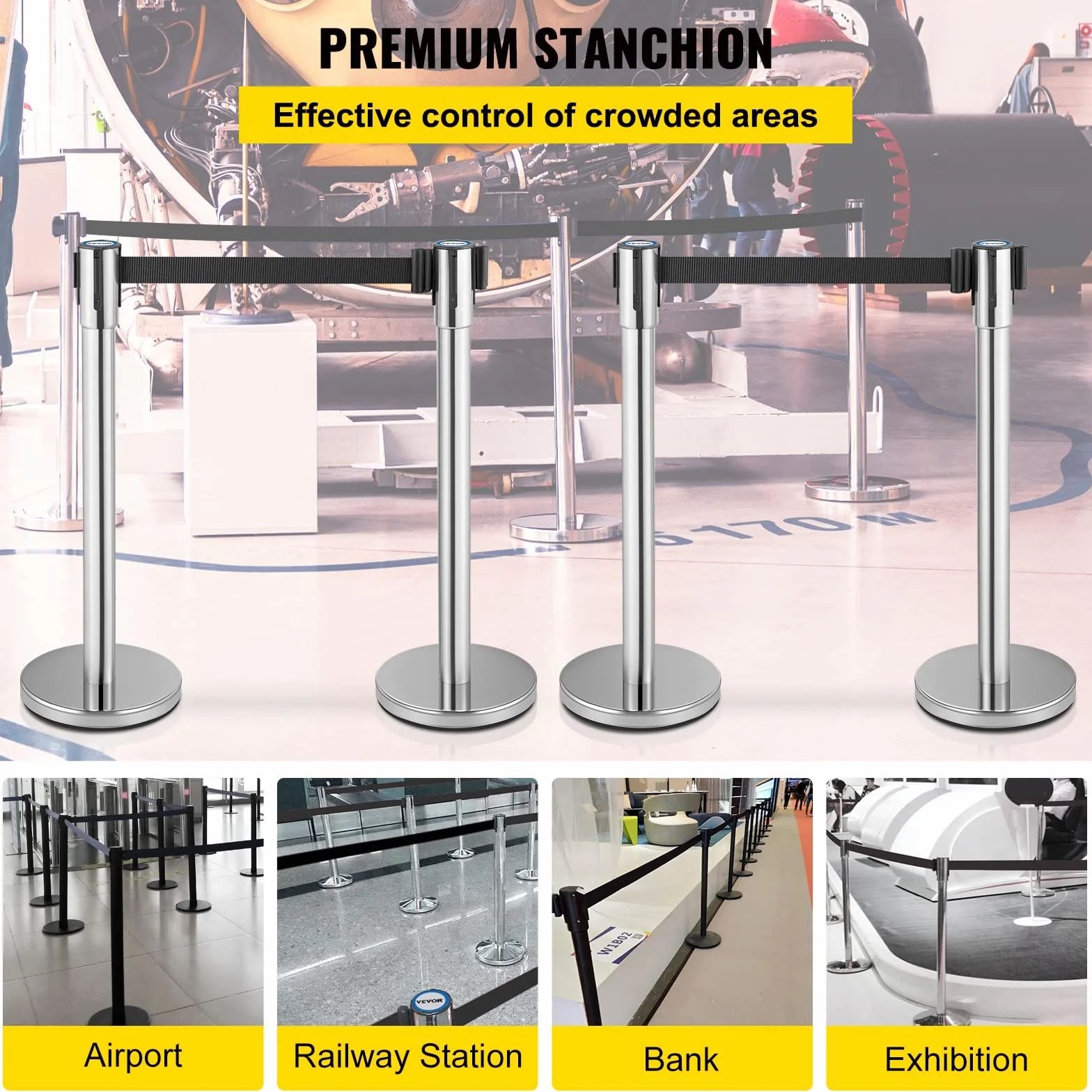VEVOR Poste Separador con Cinta Extensible 2 m, Altura 90 cm, Base 32 cm, Negro, 2 Piezas