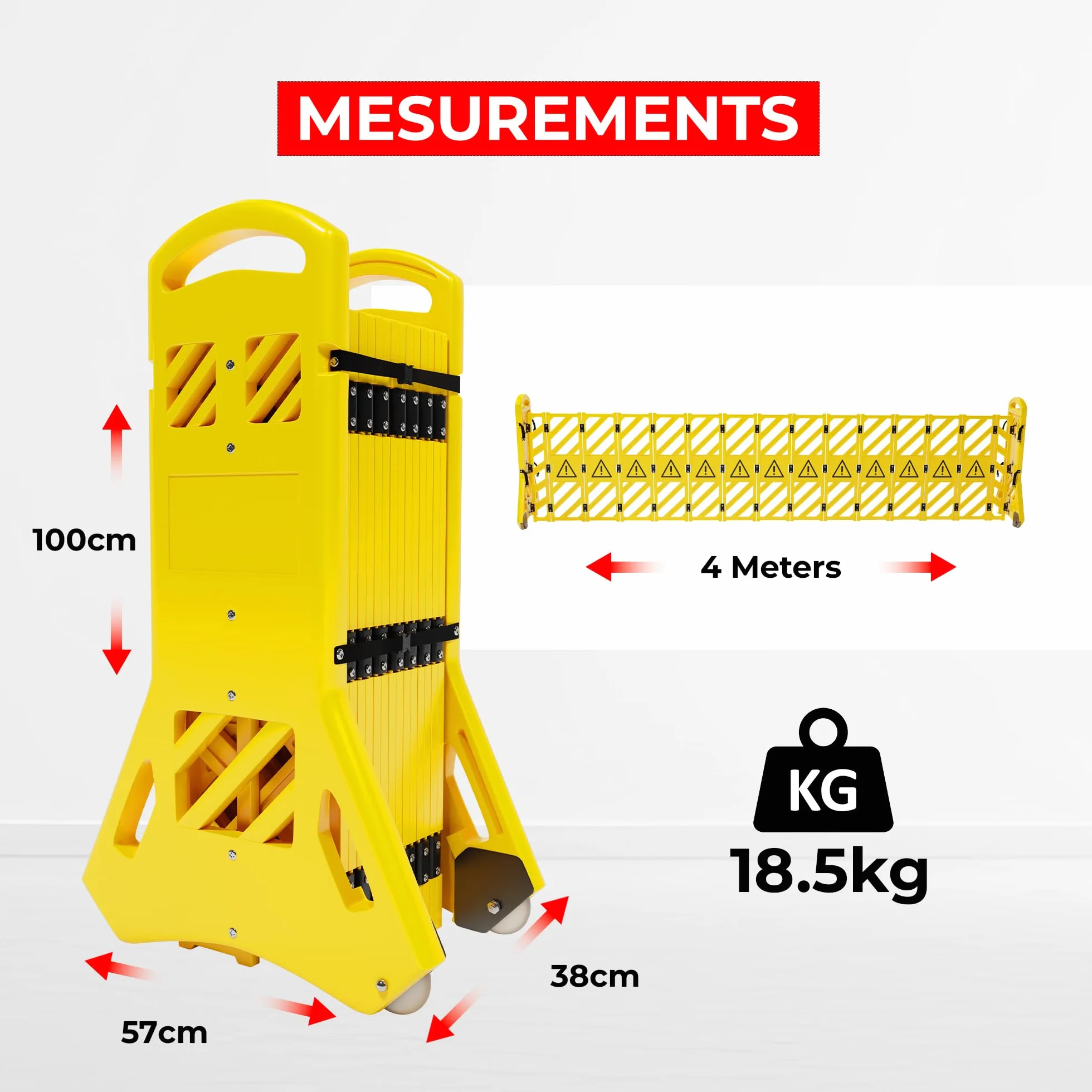 Barrera de plástico plegable expandible Amarillo | Barricada seguridad móvil retráctil | Control tráfico temporal peatonal