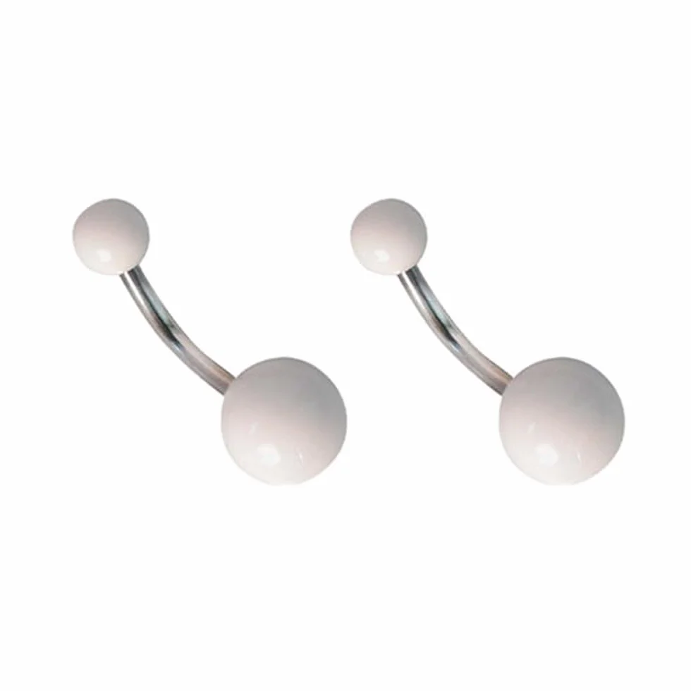 DENI 2 Piercings ombligo con bolas blancas, barra 10mm de largo y 1,6mm de grosor, material antialergico.