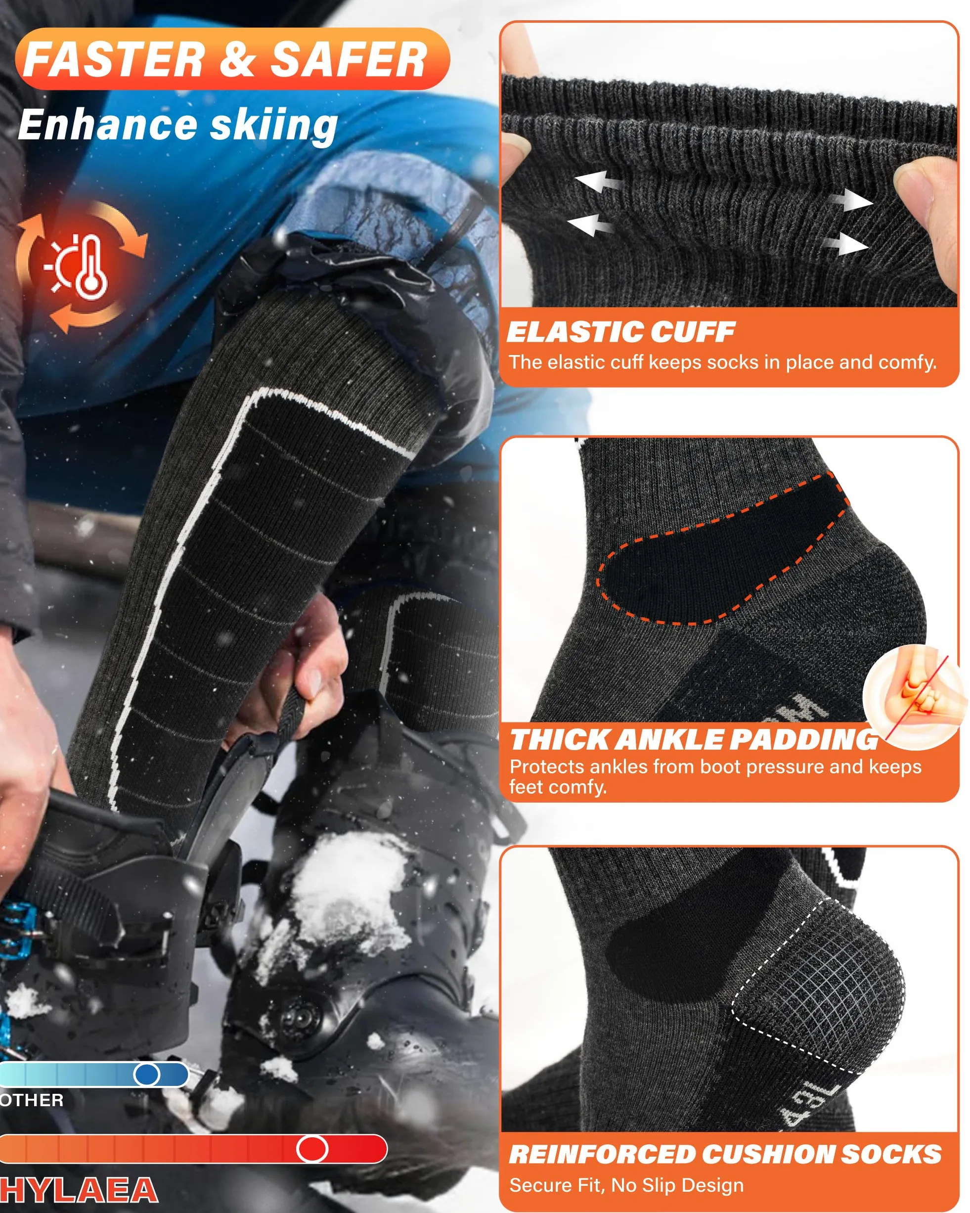 Hylaea - Calcetines de esquí de lana merina, para snowboard, nieve, invierno, caza, térmica, calor, para deportes al aire libre, color gris y negro, 2 pares de medias
