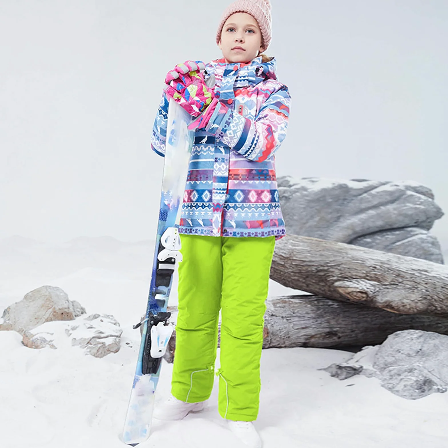 Conjunto de traje de esquí infantil de 2 piezas con capucha, traje de nieve impermeable a prueba de viento para niños y niñas, chaqueta de esquí cálida y pantalones de esquí, pixeles +