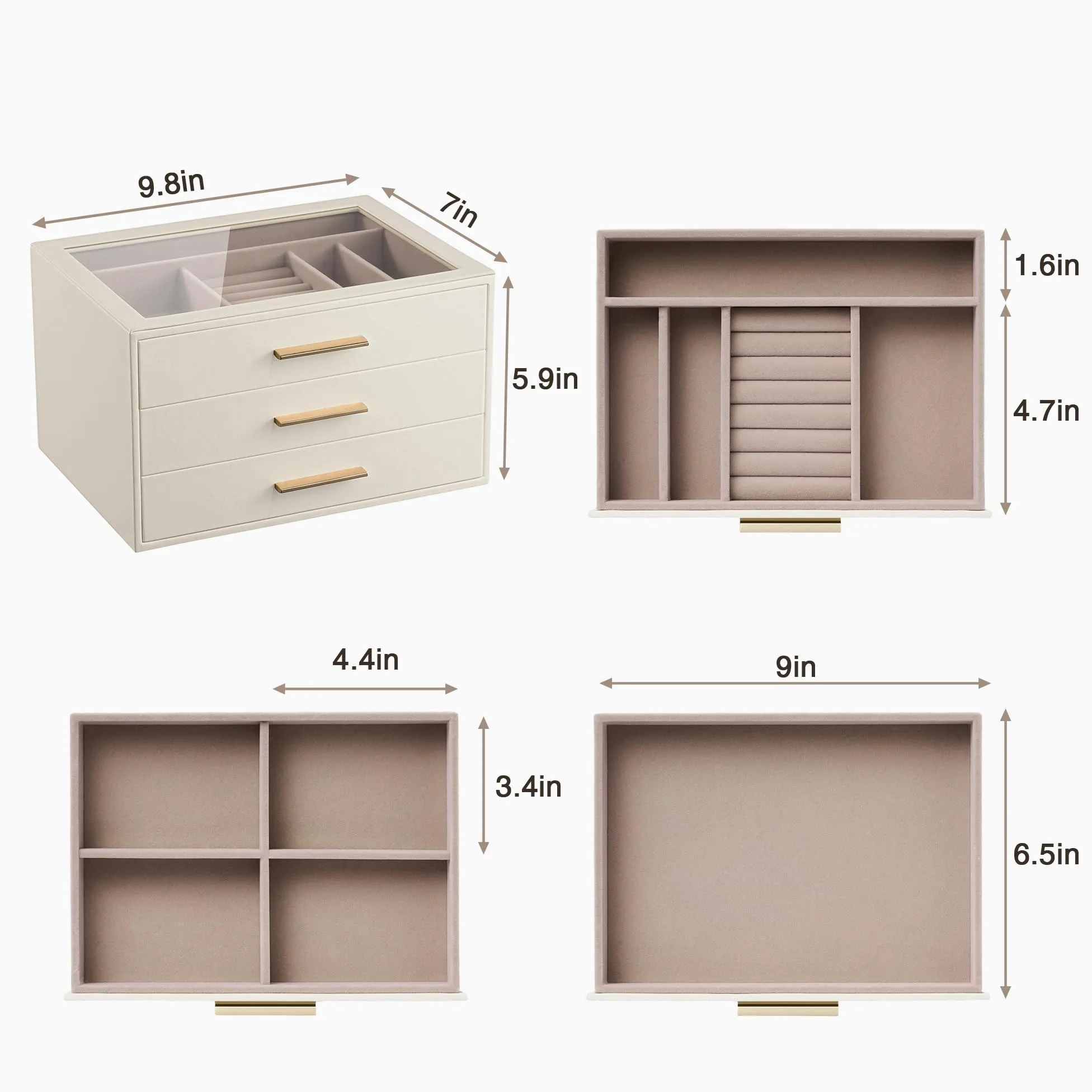 Joyero Organizador para con Ventana de Cristal, Caja Guardajoyas de 3 Capas | Cuero Blanco Marfil y Terciopelo Rosa - Estuche Organizador de Joyas para Anillos, Pendientes, Collares, Pulseras y Relojes,