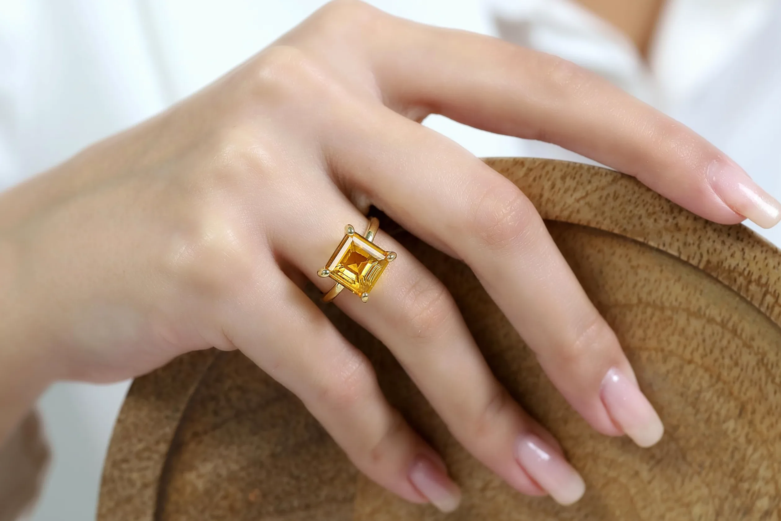Anillo Citrino Amarillo - Anillos Solitarios Brillantes para Mujer - Anillo Cuadrado Hecho a Mano, Anillo de Compromiso Único - Joyería Personalizada con Caja