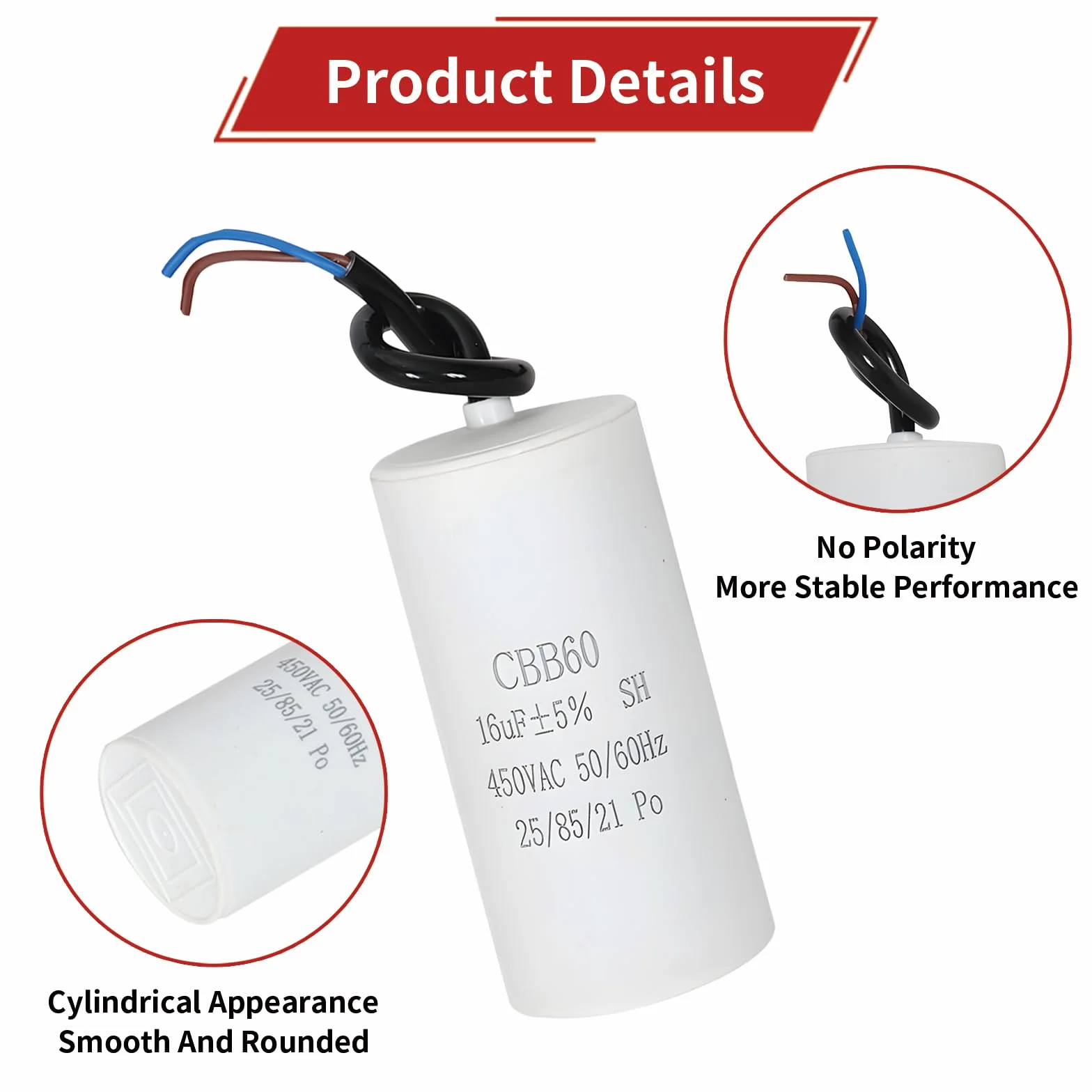 CBB60 450V 16μF Condensador Arranque Motor Monofásico 50/60Hz con Cables