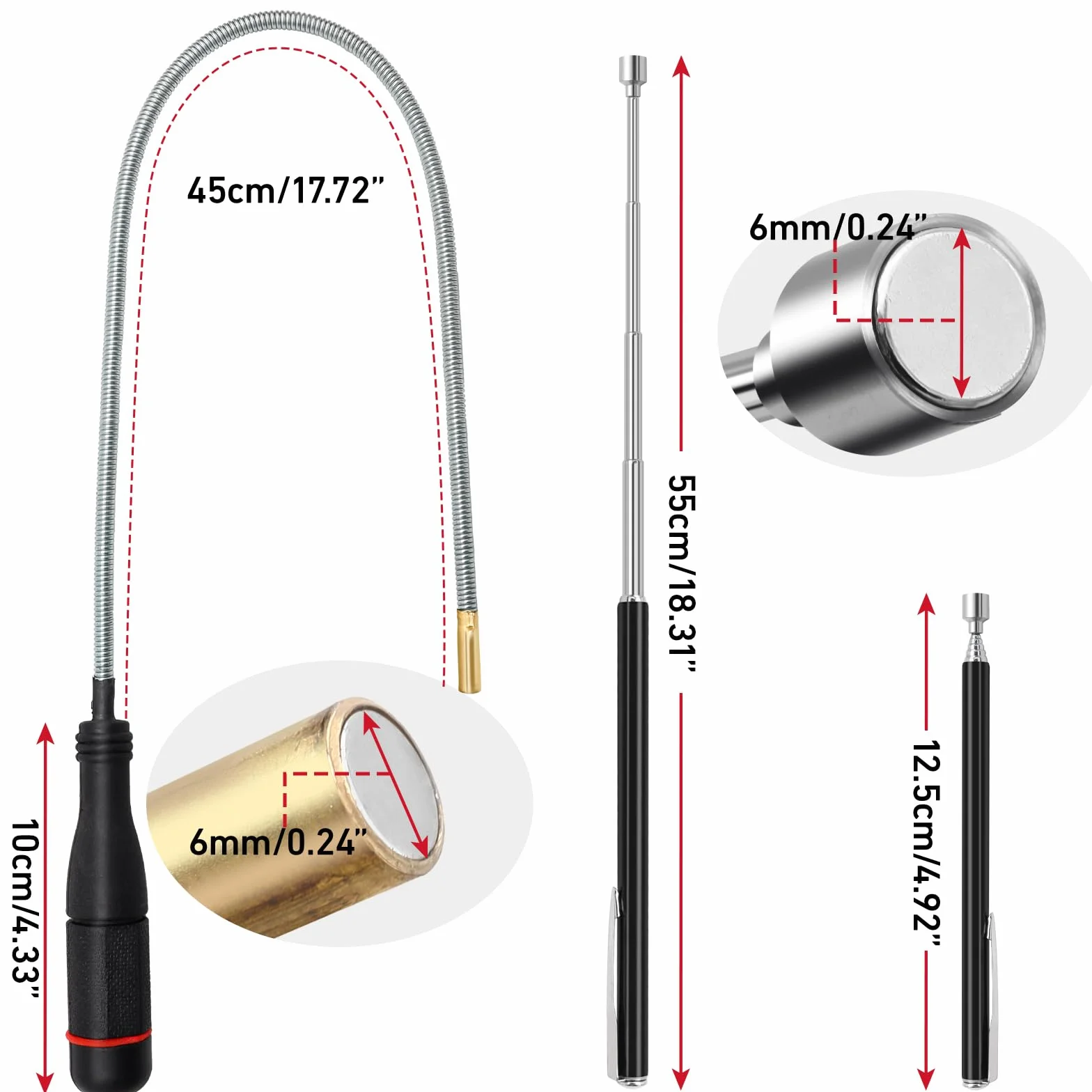 Imán de varilla flexible 55 cm + barra magnética retráctil 55 cm elevador de pared flexible recoge tornillos llaves piezas pequeñas