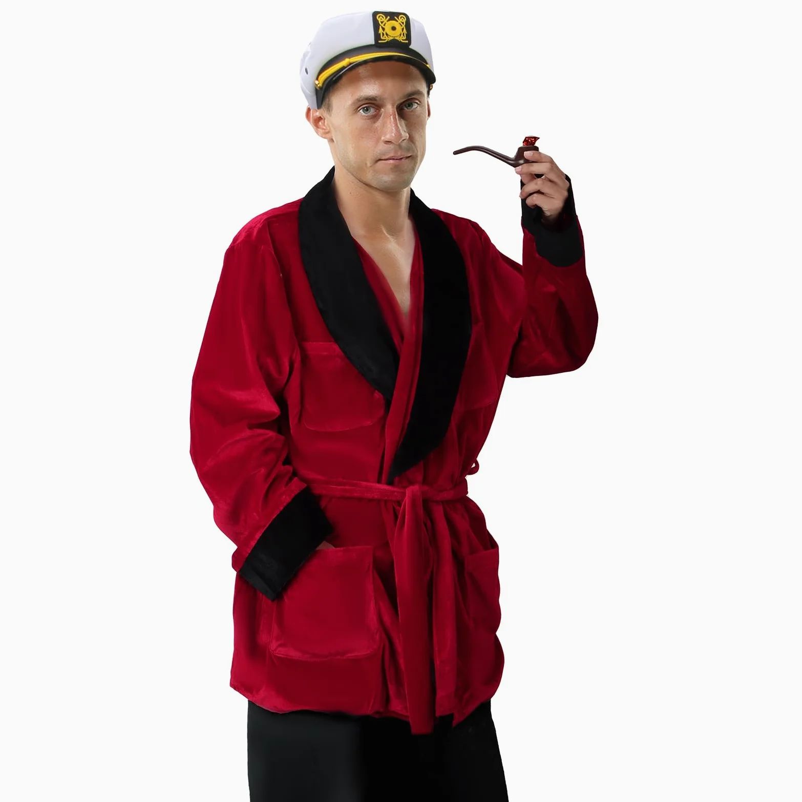 Hefner - Pijama de terciopelo rojo para hombre, con cinturón, sombrero de capitán, accesorios de pipa falsa, disfraz de Halloween