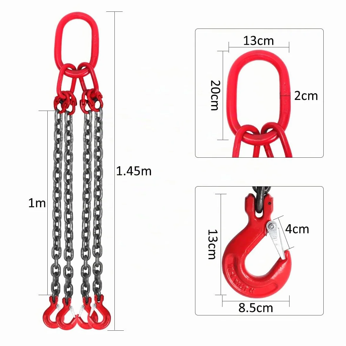 Eslinga de Cadena G80 Acero al Manganeso 4 Cuerdas 6,4T 8mm x 1,45m