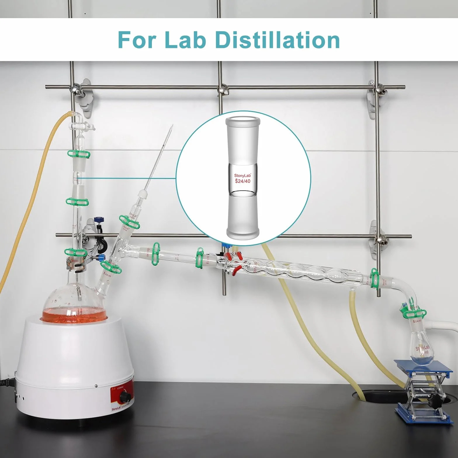 Adaptador Recto de Vidrio Borosilicato 70 mm Juntas Exteriores 24/40 Laboratorio