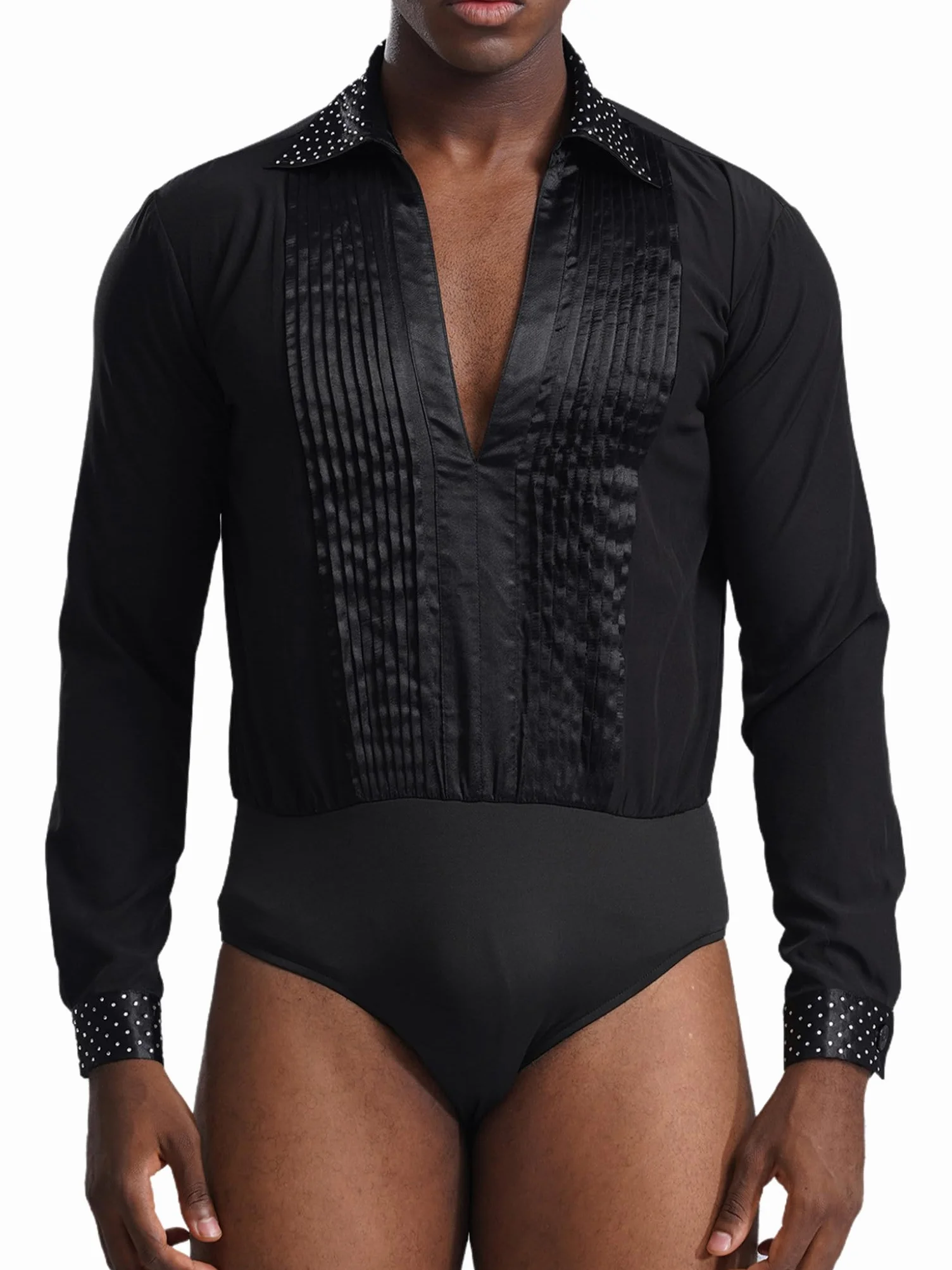 TTAO Camisa latina para hombre, cuello en V, brillante, body de una pieza con botones en la entrepierna, maillot de baile, disfraz de salsa, samba, chacha, moderno, disfraz de danza