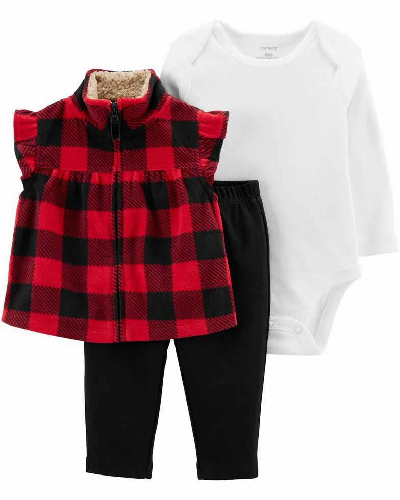 Carter's Chaleco de 3 piezas para bebé niña, Cuadros/Rojo/Negro, 24 meses