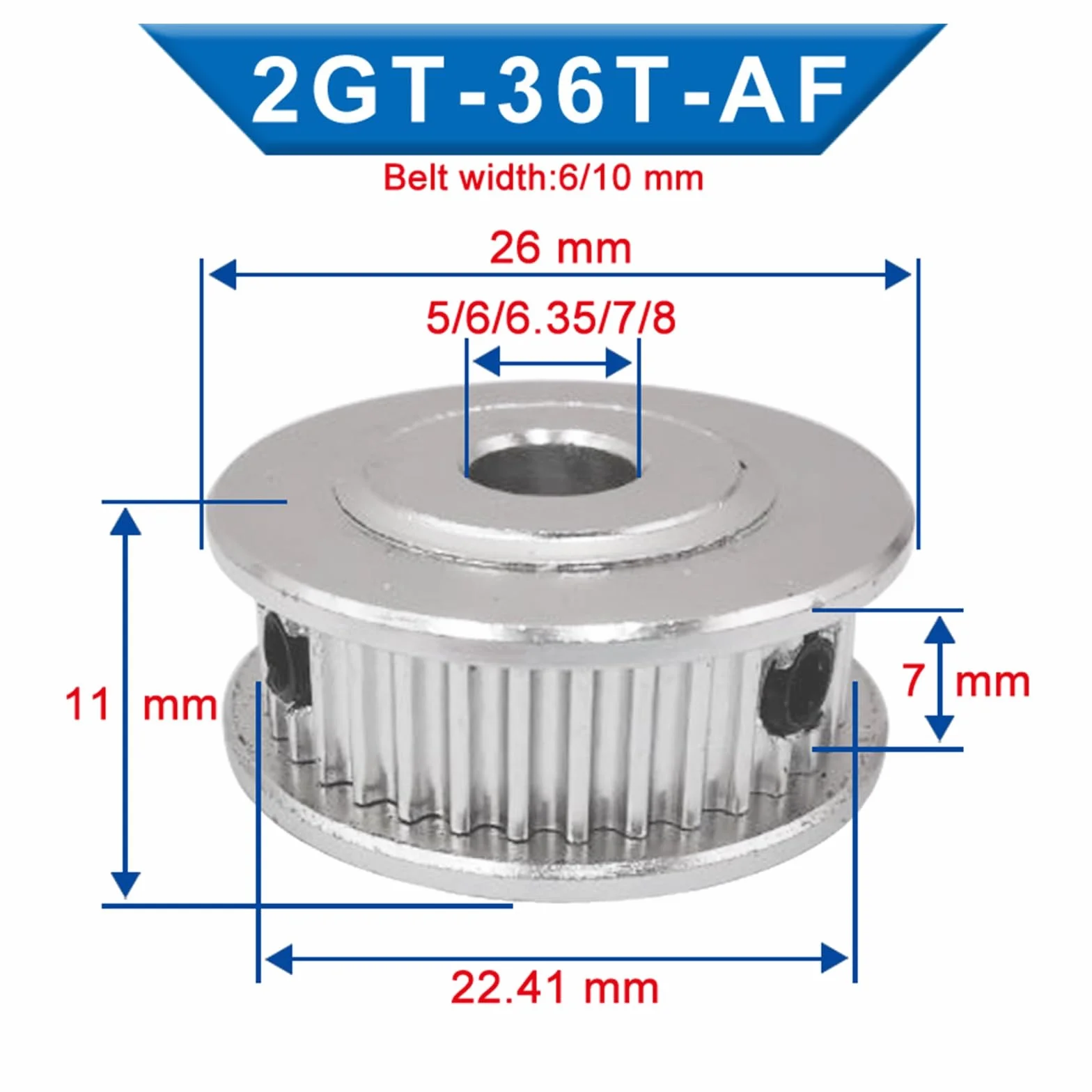 Rueda de polea GT2-36T de aluminio 7/11mm para correa dentada 6/10mm piezas impresora 3D