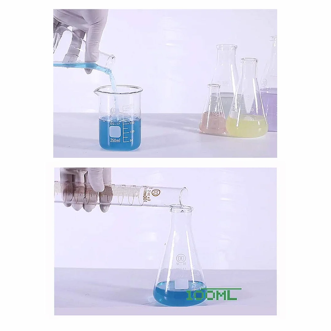 Juego de Matraz Erlenmeyer JESSTOLO 50ml, Vidrio Graduado, Cilindros de Medición 10ml/5ml, con Pipetas de Vidrio, Cepillos y Varillas de Agitación