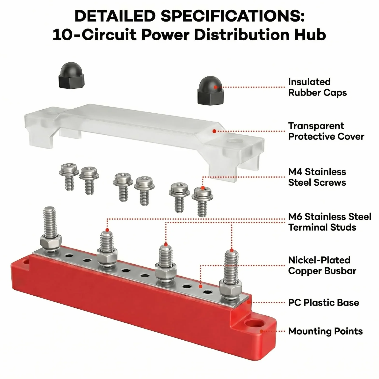 Busbar 12V-48V 150A Bloque de Distribución de Alta Corriente para Coche Barco Caravana