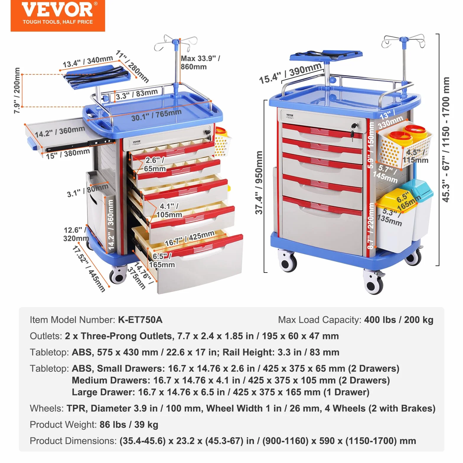 VEVOR Carro de Laboratorio de 5 Niveles Médico con 5 Cajones y 4 Ruedas Silenciosas Móvil PP Azul