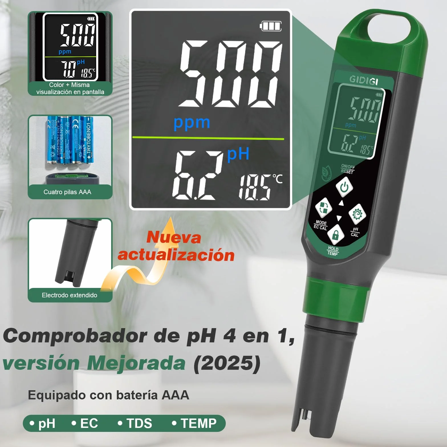 Medidor de pH y PPM 4 en 1 EC TDS TEMP con Pantalla a Color para Hidroponía Piscinas Cerveza
