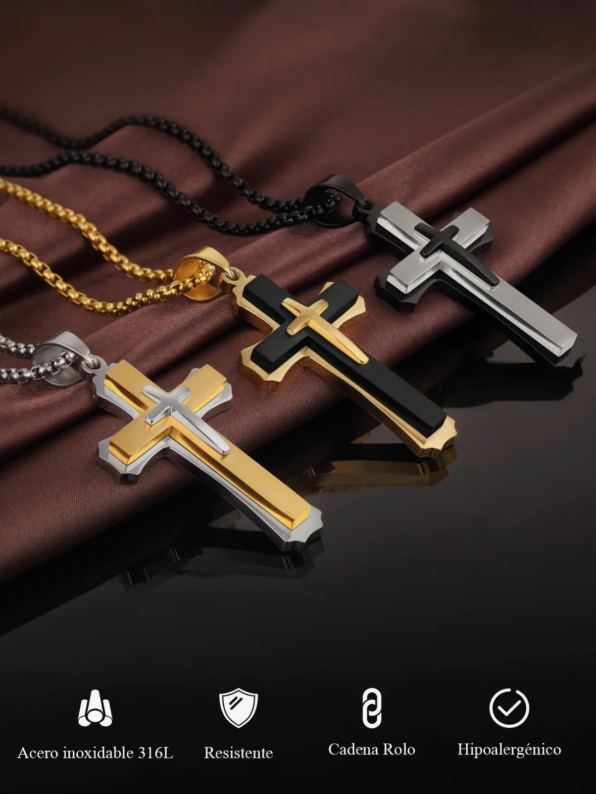 Collar Cruz Hombre Plata/Dorado/Negro Colgante Cruz para Hombre Acero Inoxidable 316L Joyero Cristiano de Cadena