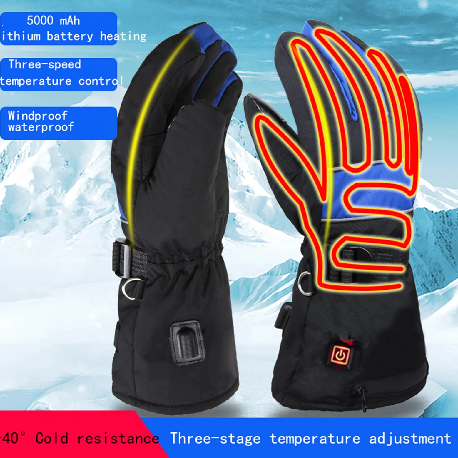CHEWYNP Guantes térmicos para Hombres y Mujeres, Guantes térmicos para Motocicleta Pantalla táctil Impermeable Guantes térmicos de Invierno Calefacción de Doble Cara 3 Niveles de calefacci