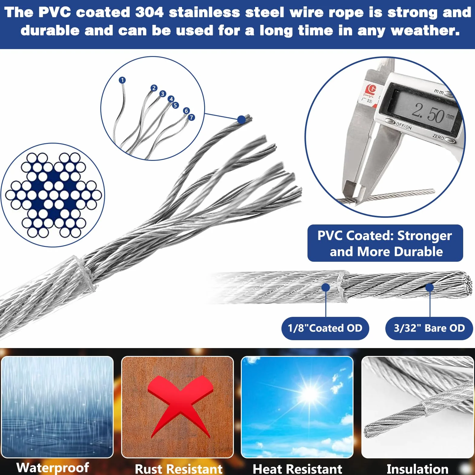 Cable de Acero Inoxidable recubierto de PVC 2,5mm 45M con Tensor Ojales