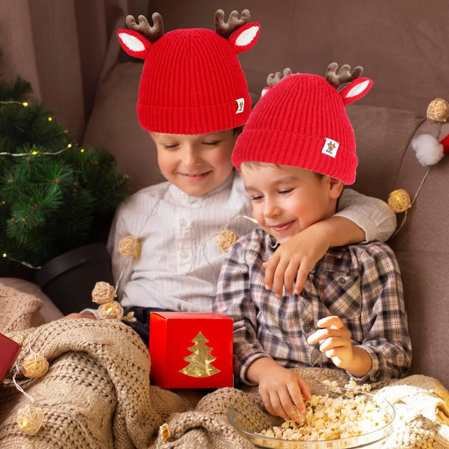 COMNICO Winter Hat for Kids, Antlers Reindeer Crochet Knitted Baby Beanie Hat Christmas Hat Thick Winter Warmer Cap Girls Accessories for Baby Boys Toddler Girl