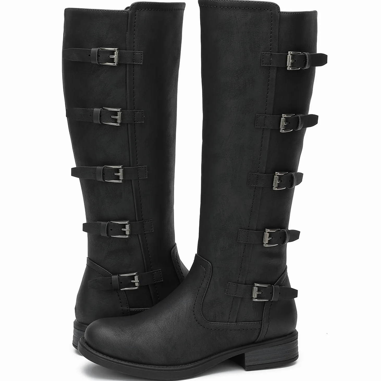 GLOBALWIN Botas de equitación hasta la rodilla para mujer, botas altas para montar a caballo con hebilla de metal, cremallera lateral, tacón grueso