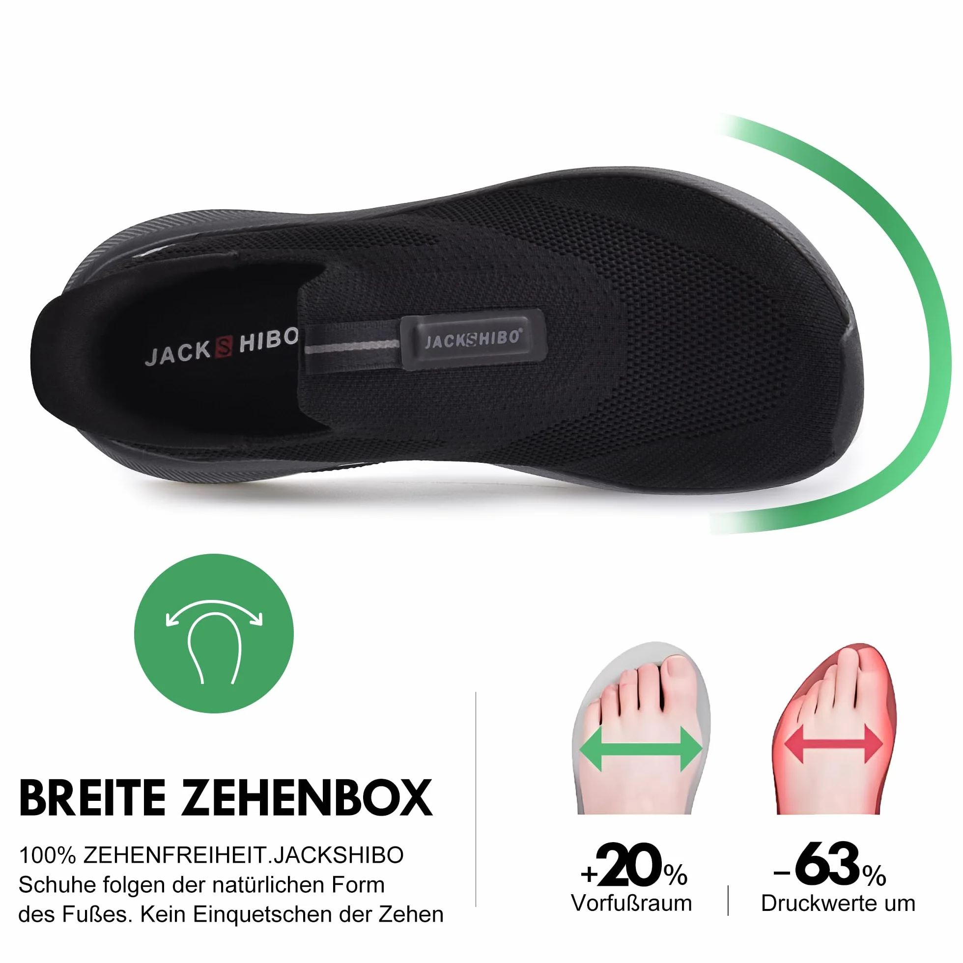 JACKSHIBO Zapatos Slip on Hombre Puntera Ancha Tacón Cero Espuma Viscoelástica Negro 44 EU