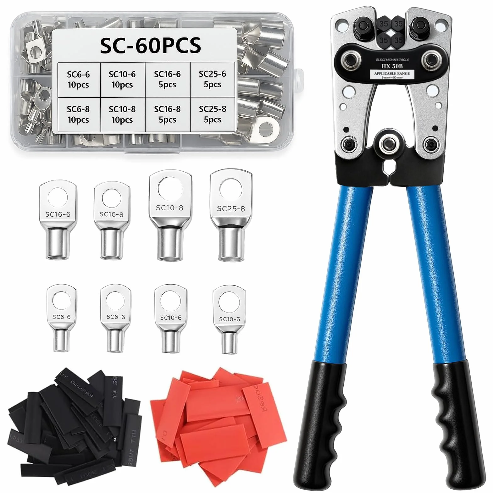 Kit de Alicates Crimpadora 10-1/0 AWG (6-50mm²) con Terminales de Cobre y Fundas Termorretráctiles