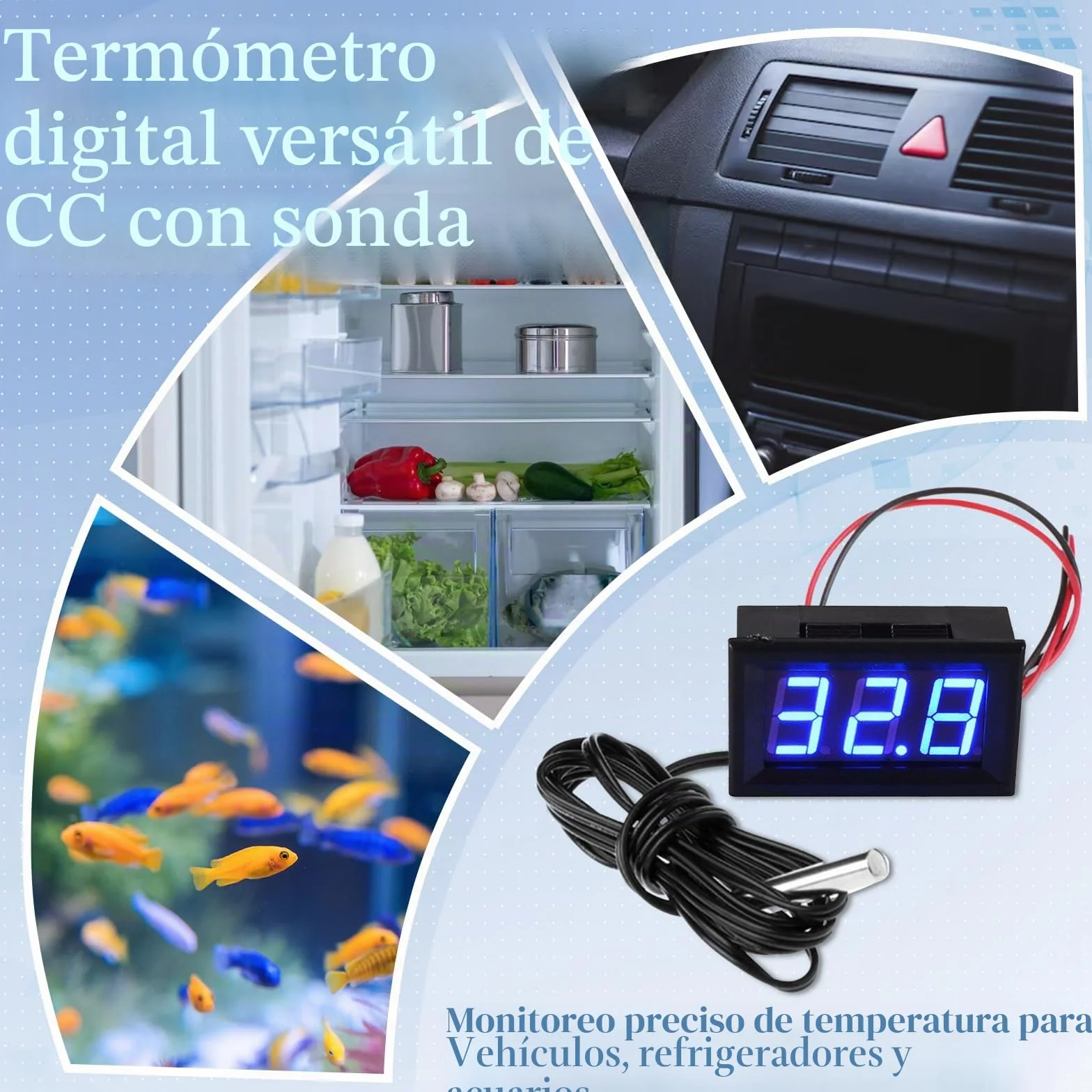 Termómetro Digital 12V con Sonda LED para Congelador Refrigerador Acuario, Azul