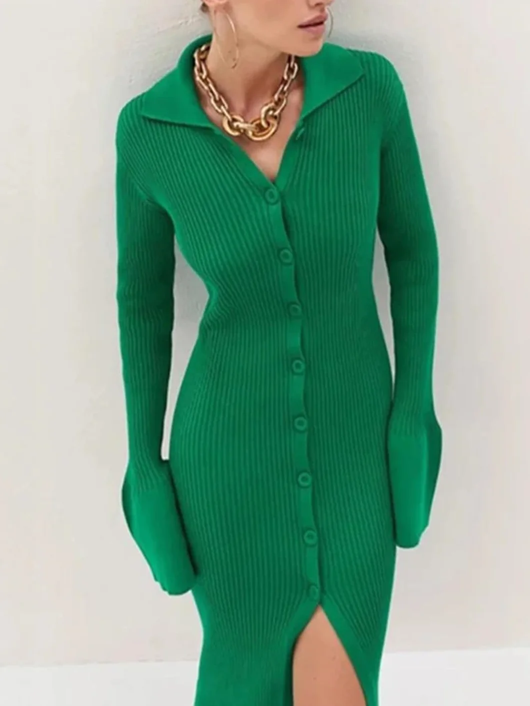 Vestido de invierno para mujer, de punto, ajustado, de manga larga, con botones, casual, para fiesta
