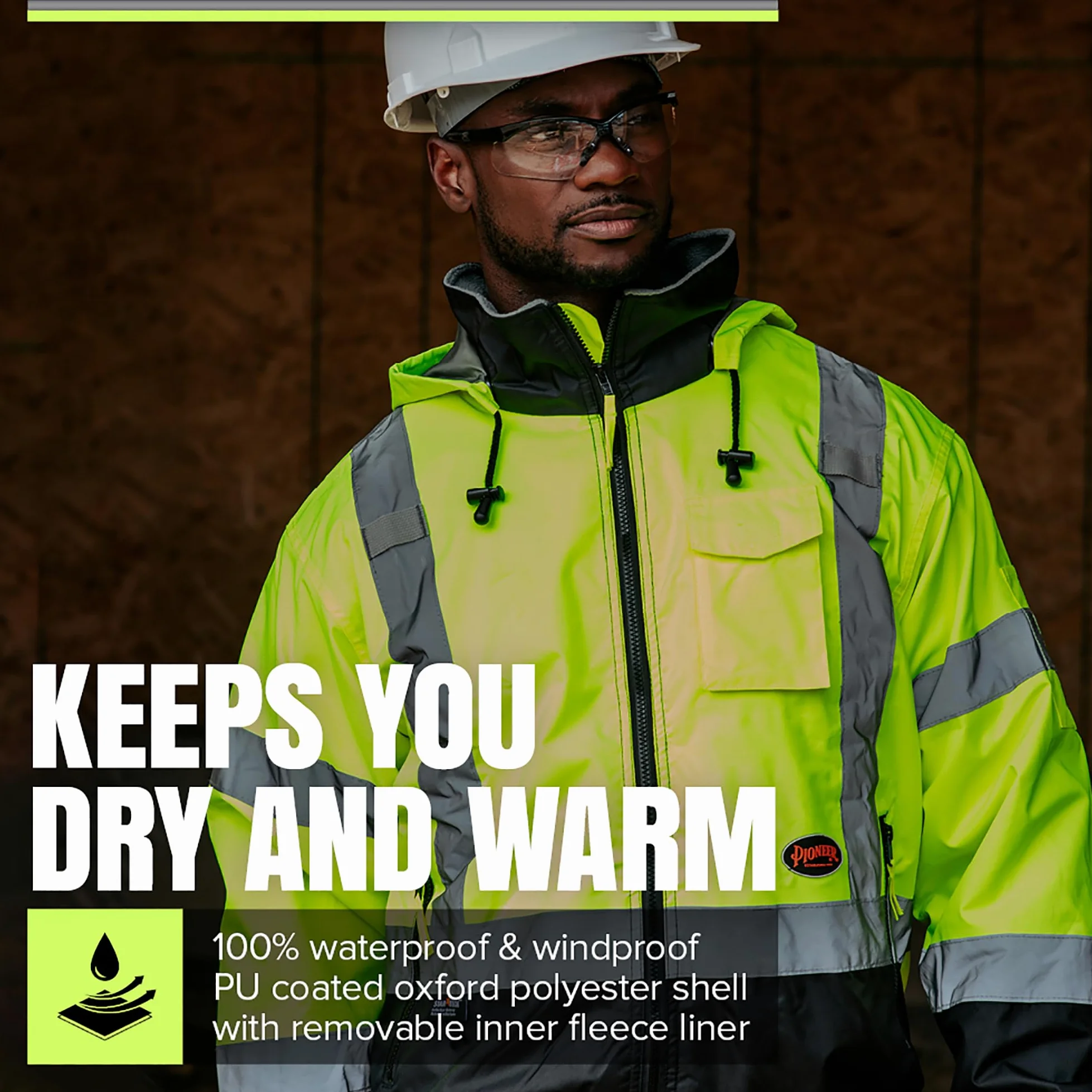 Pioneer - Chaqueta bomber de seguridad de alta visibilidad para lluvia, impermeable, reflectante, capucha desmontable, para hombres, amarillo/negro, V1130460U