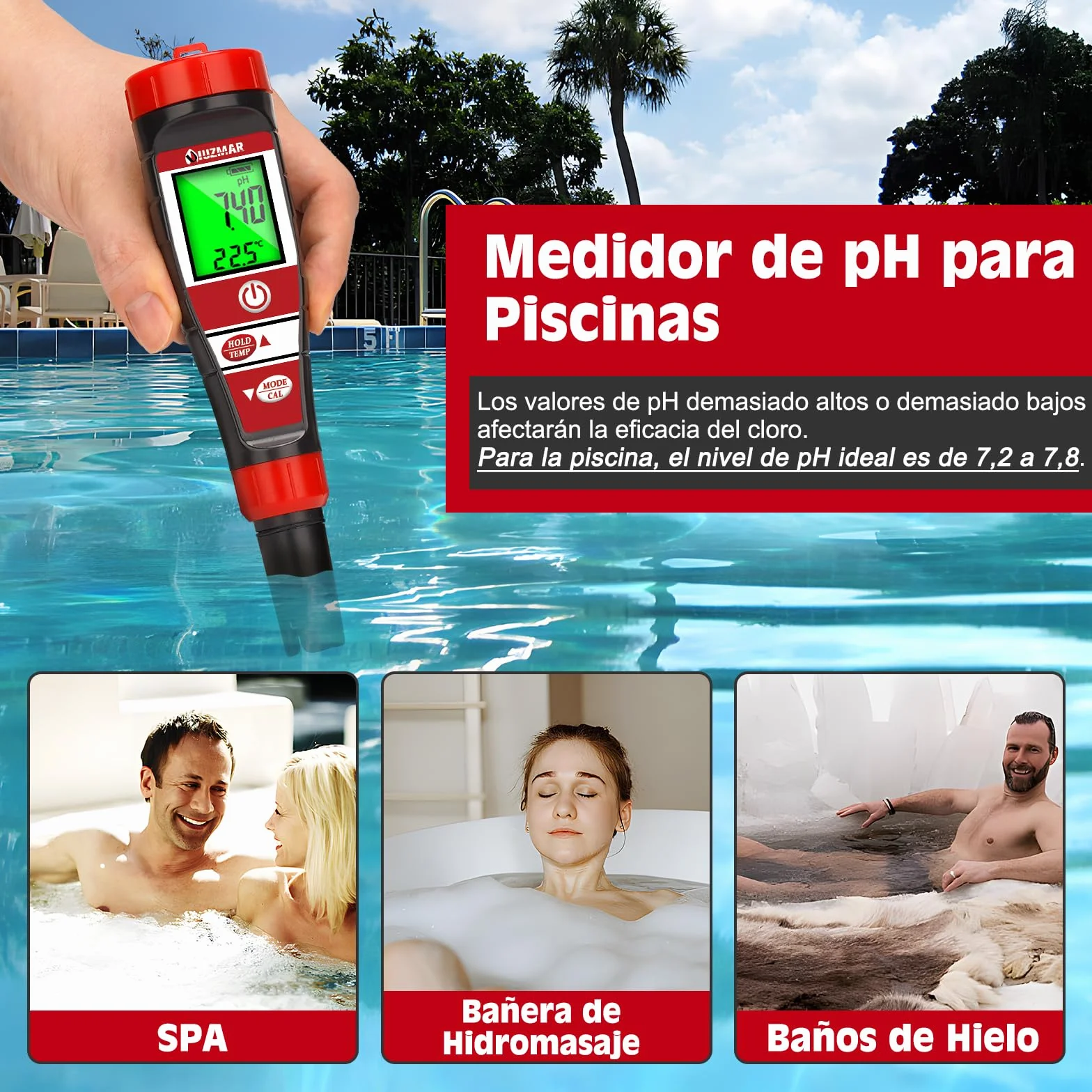UIUZMAR Medidor de pH EC TDS 4 en 1 para Agua Piscina Hidroponia