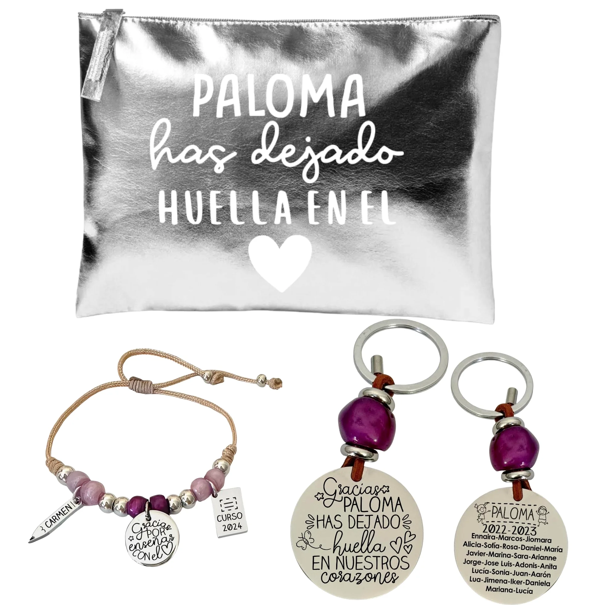 SET PLATA, regalos para profesores. Incluye (todo personalizado) neceser, llavero y pulsera. Regalos fin de curso. Llavero para profesor, pulsera para profesora.