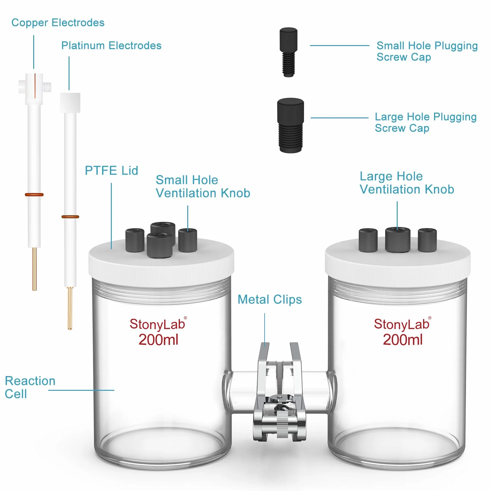 stonylab Celdas Electrolíticas Tipo-H Borosilicato Membrana de Intercambio Iónico Reemplazable 200 ml