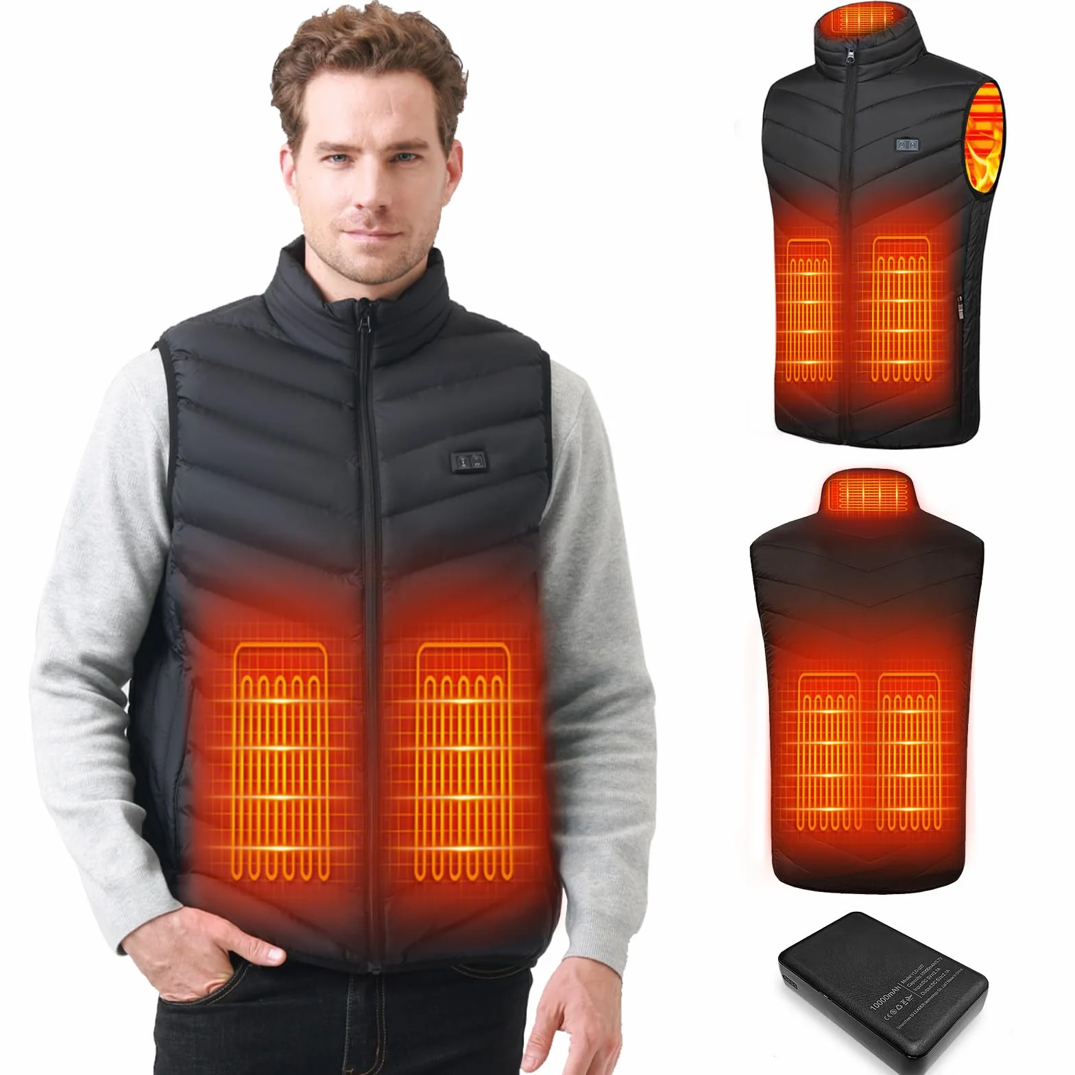 Chaleco Calefactable Hombre con Batería De 10000 mAh, 3 Temperaturas, 5 Zonas de Calentamiento, Chaqueta Calefactable con Carga USB, para Esquí, Motociclismo, Senderismo y Pesca