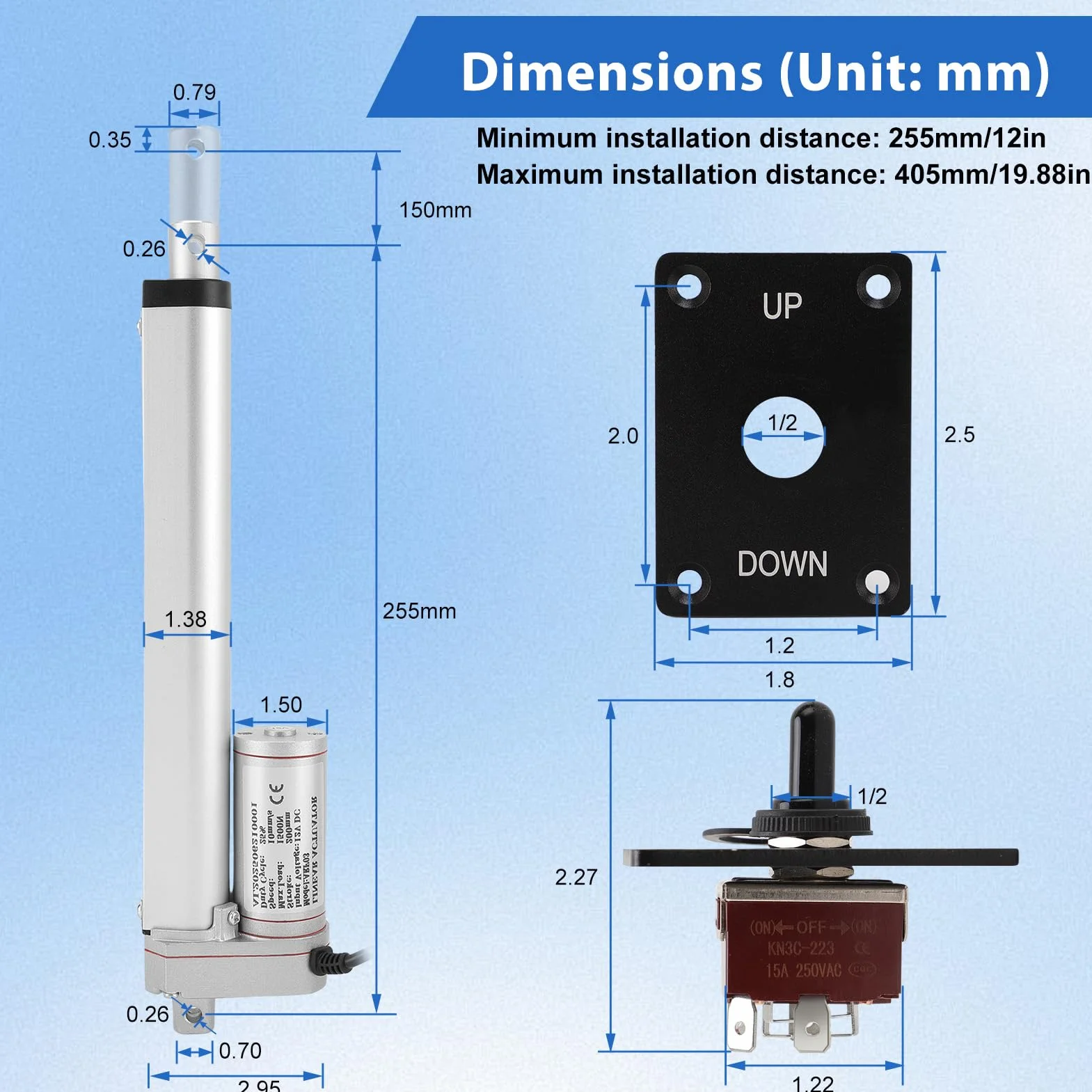 Cilindro eléctrico Accionamiento lineal 1500 N 450 mm DC 12 V IP65 10 mm/s motor de elevación