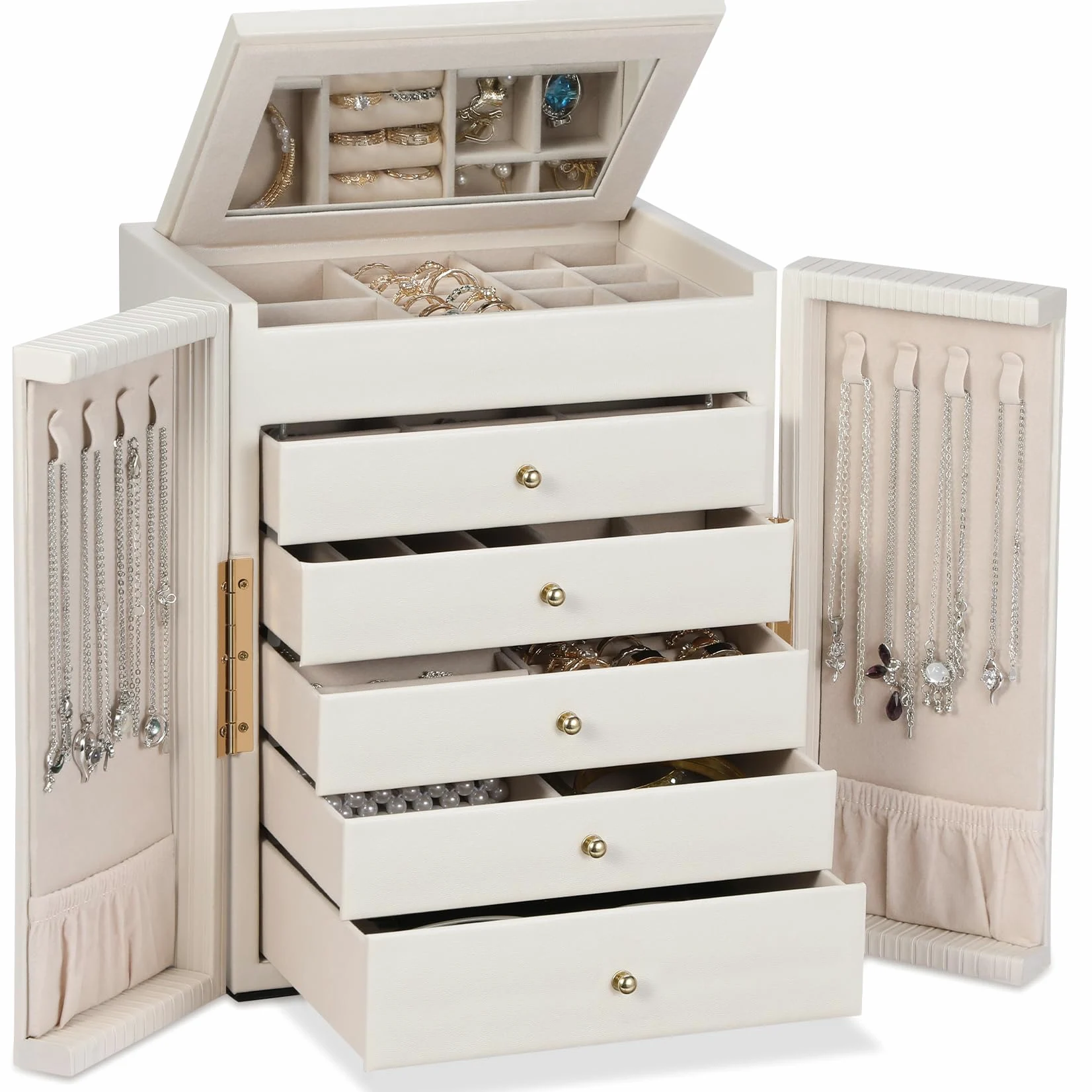 Dajasan Grande Joyeros Mujer Organizador, 6 Capas Organizador Joyas, Joyero Mujer con Espejo Para Navidad, San Valentín, Cumpleaños de la Madre, Año Nuevo (Beige)
