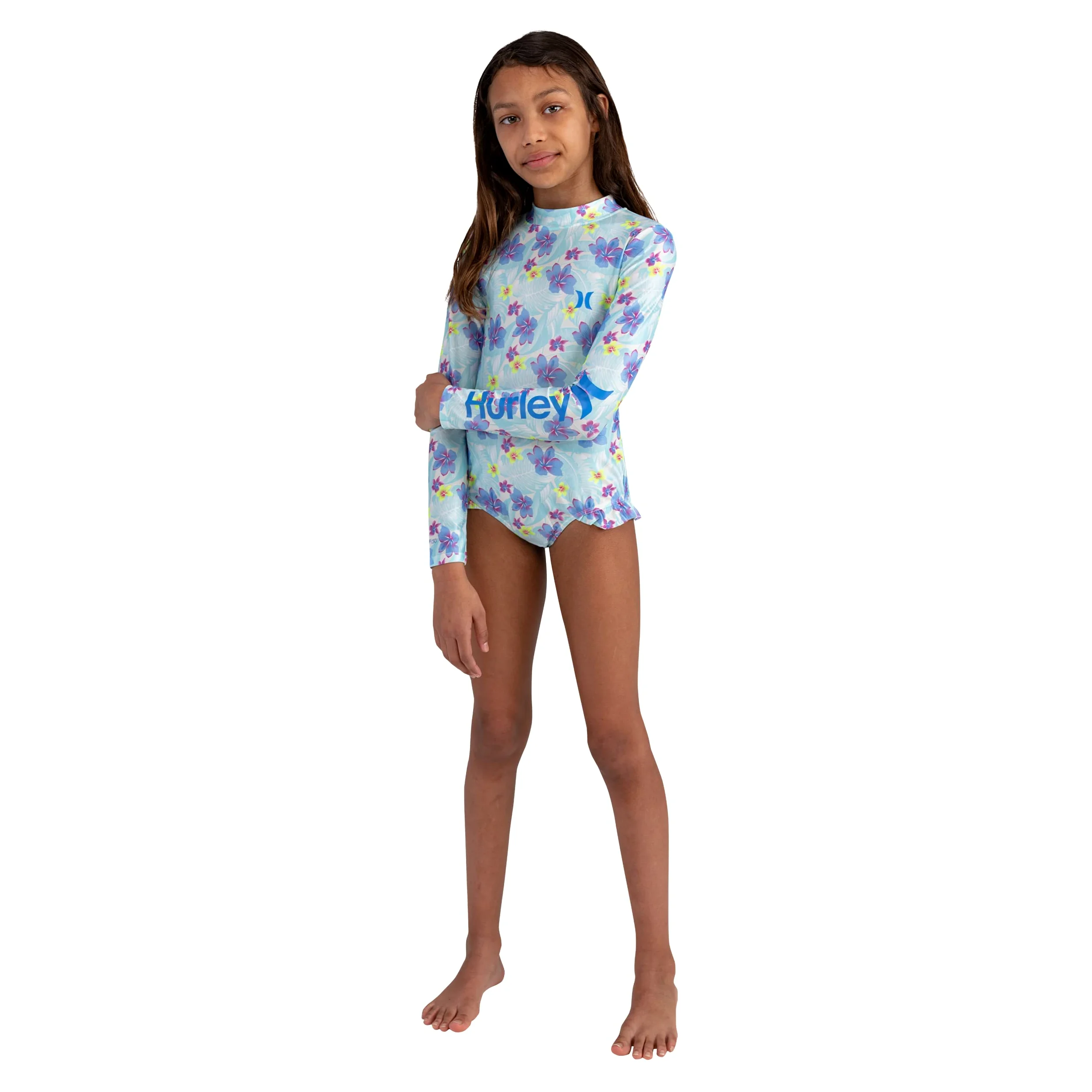 Hurley Long Sleeve One Piece Rash Guard Swimsuit Traje de baño de Manga Larga de una Pieza Rash Guard Niñas