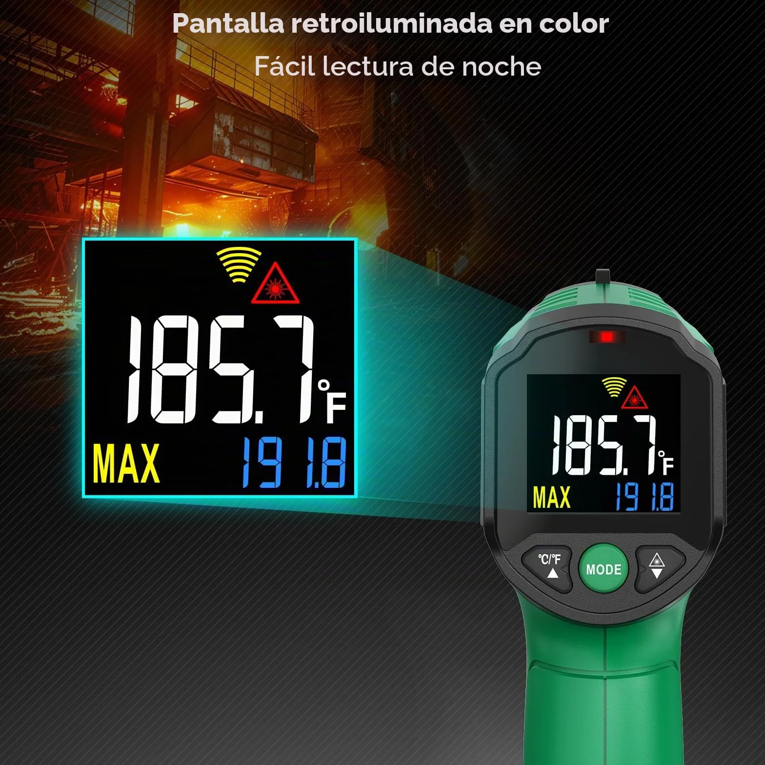 Termómetro Infrarrojo SQECH Láser -50℃~600℃ Emisividad Ajustable Retroiluminación Color Verde