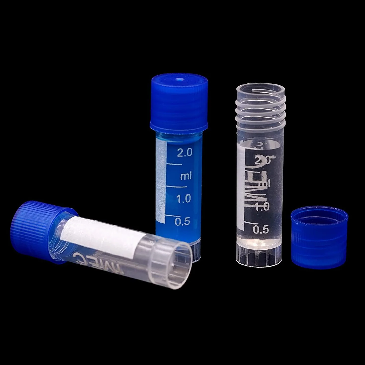 HUAZIZ 100 Piezas 2 Ml Tubos de Ensayo Plástico, Tubo Criogénico, Vial con Tapa de Tornillo Azul para Laboratorio