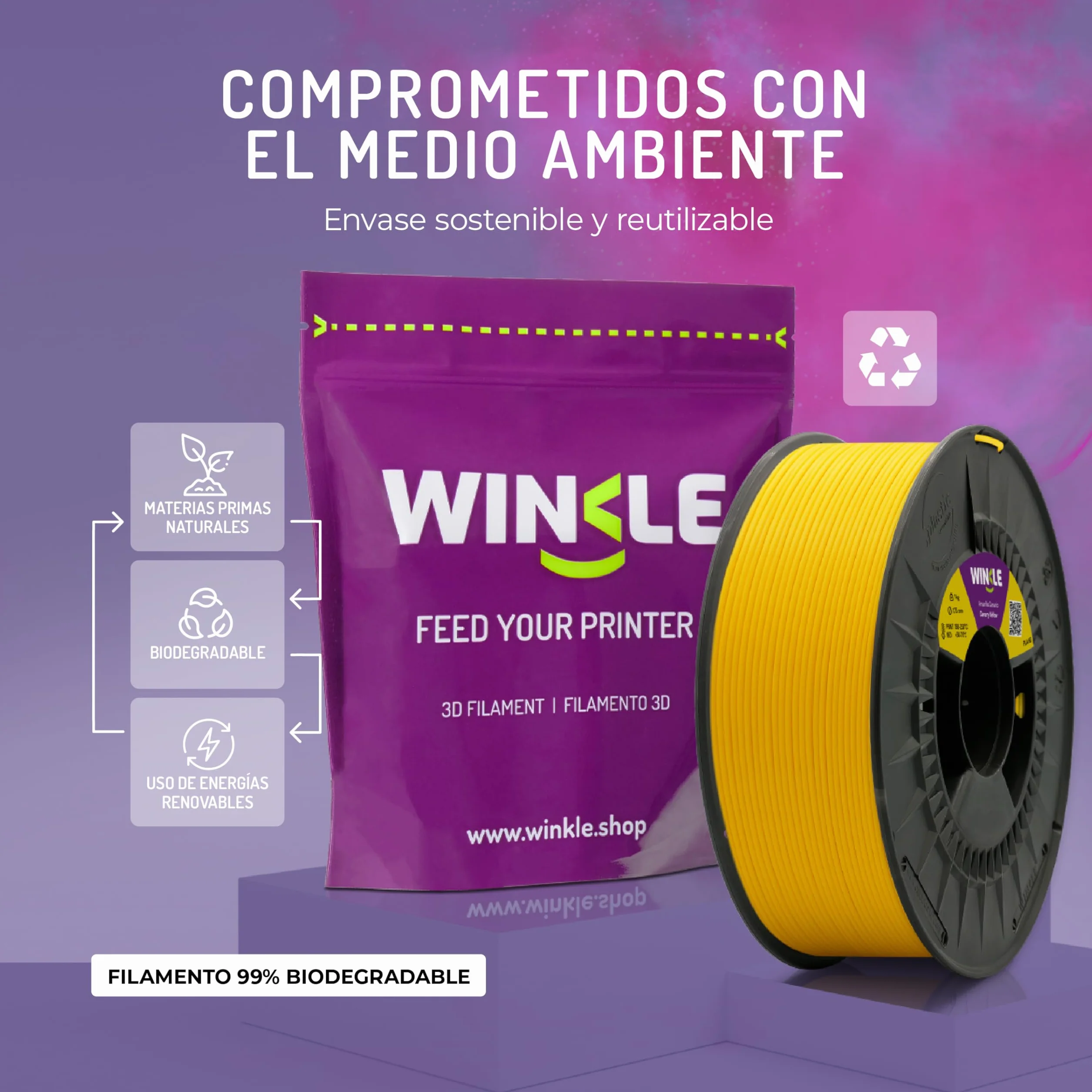 WINKLE Filamento PLA HD Amarillo Canario 1,75mm 300g Bobina Compatible Impresoras 3D