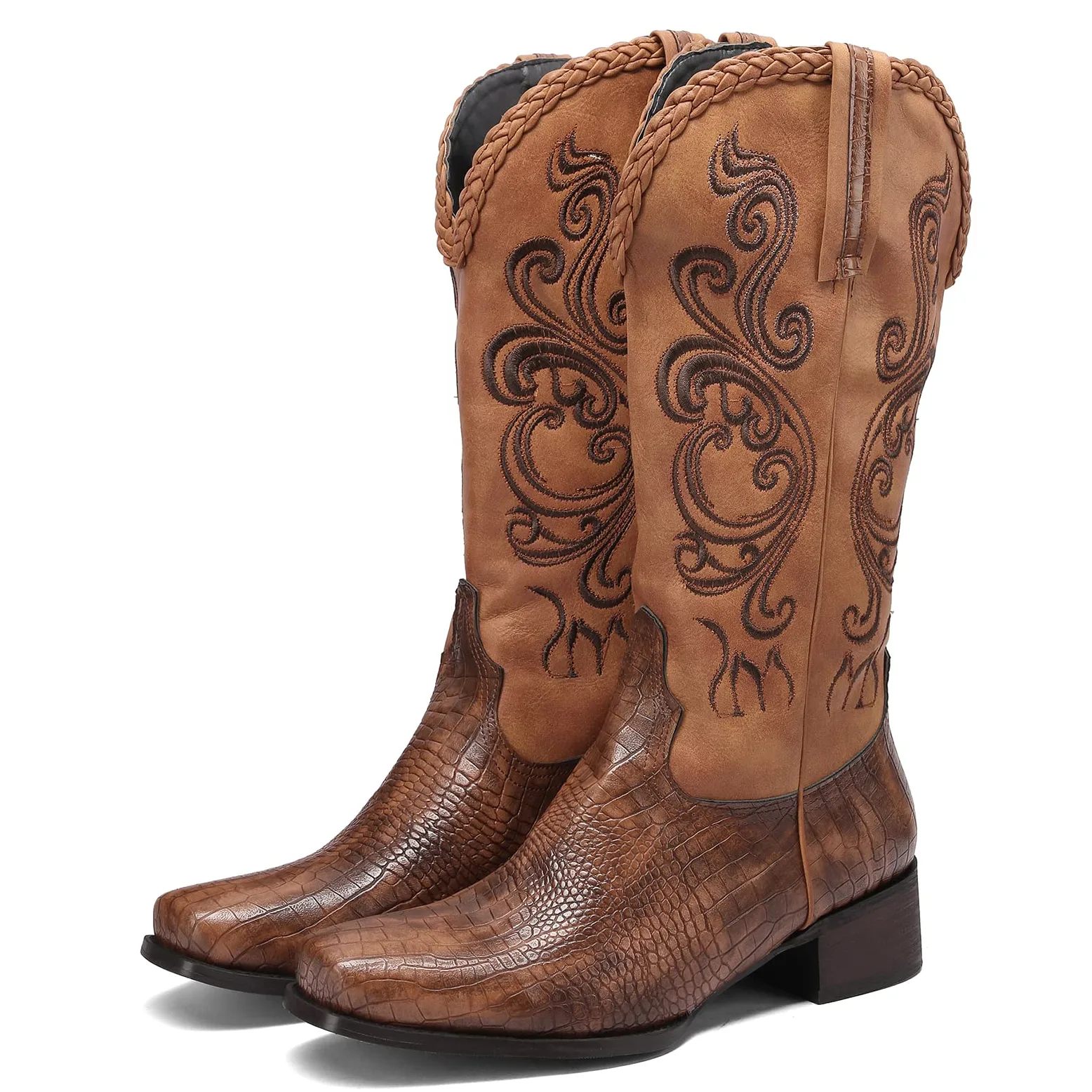 Lizoleor Botas Hasta la Rodilla de Mujer Punta Cuadrado Vaqueras Occidentales Clasico Bordado