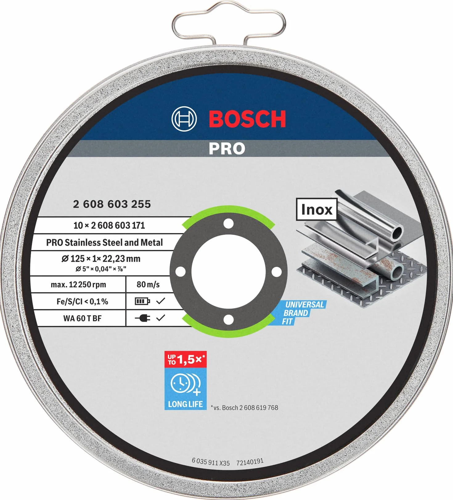 Bosch Disco de corte recto Standard for Inox 125 mm 22,23 mm 1,0 mm pack de 10