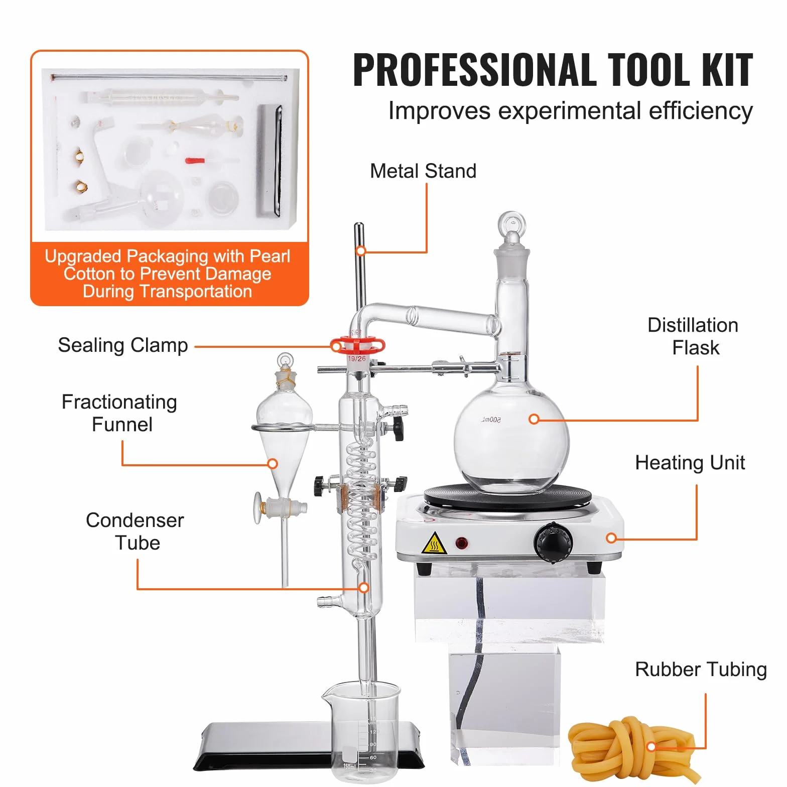 VEVOR Kit de destilación de aceite esencial de 33 piezas, 500 ml, Boro 3.3, placa calefactora 1000 W, junta 24/40