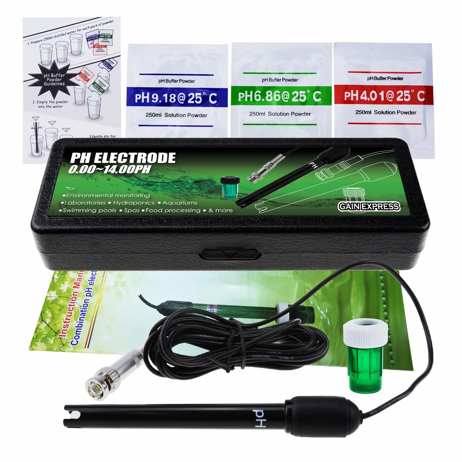 Sonda de pH 0-14 Conector BNC Cable 300cm para Medidor PH Monitor Controlador Sensor Kit Reemplazo Acuario Hidroponía