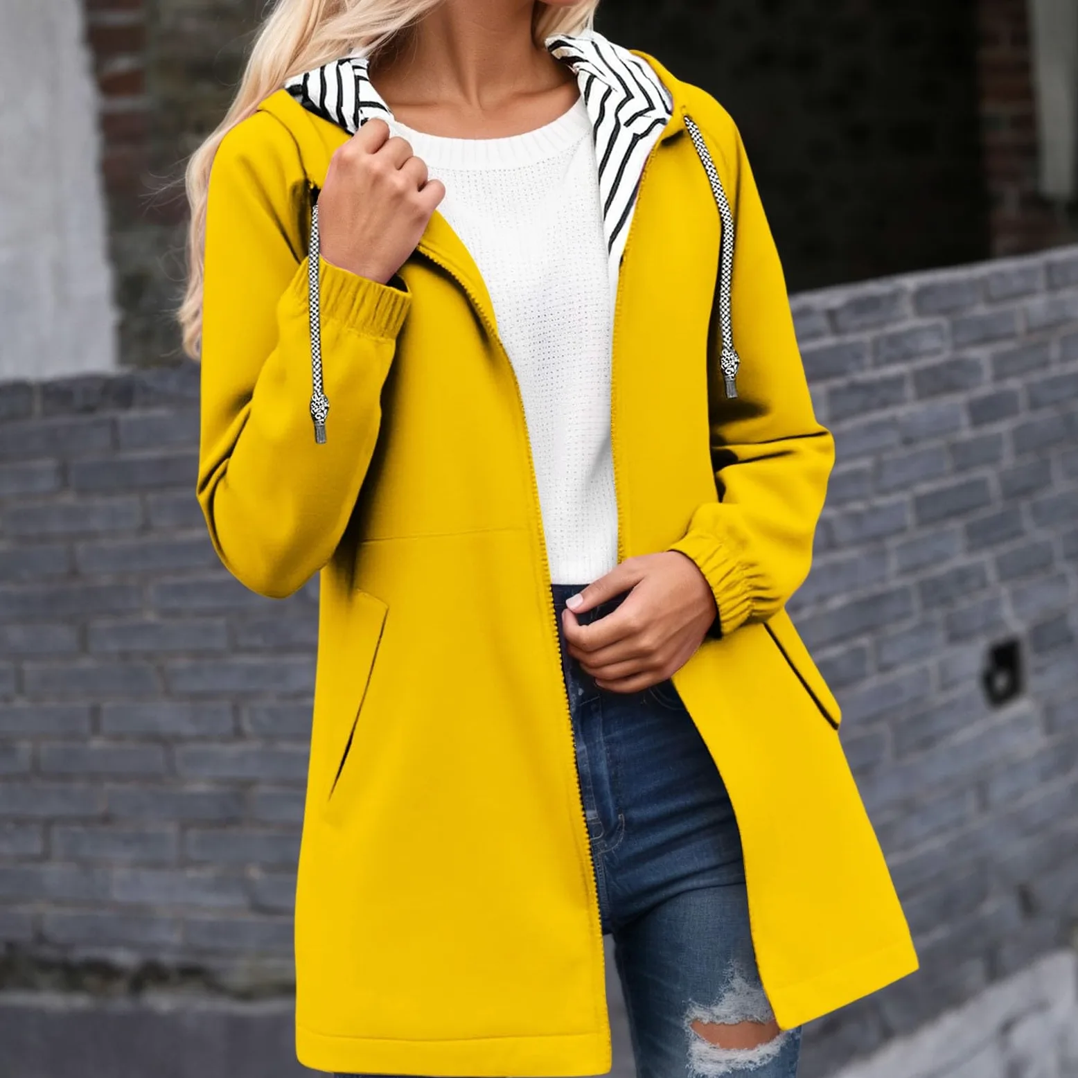 Genérico Chaqueta cortavientos anorak ligera senderismo capucha bolsillos rayas aventuras al aire libre mujeres