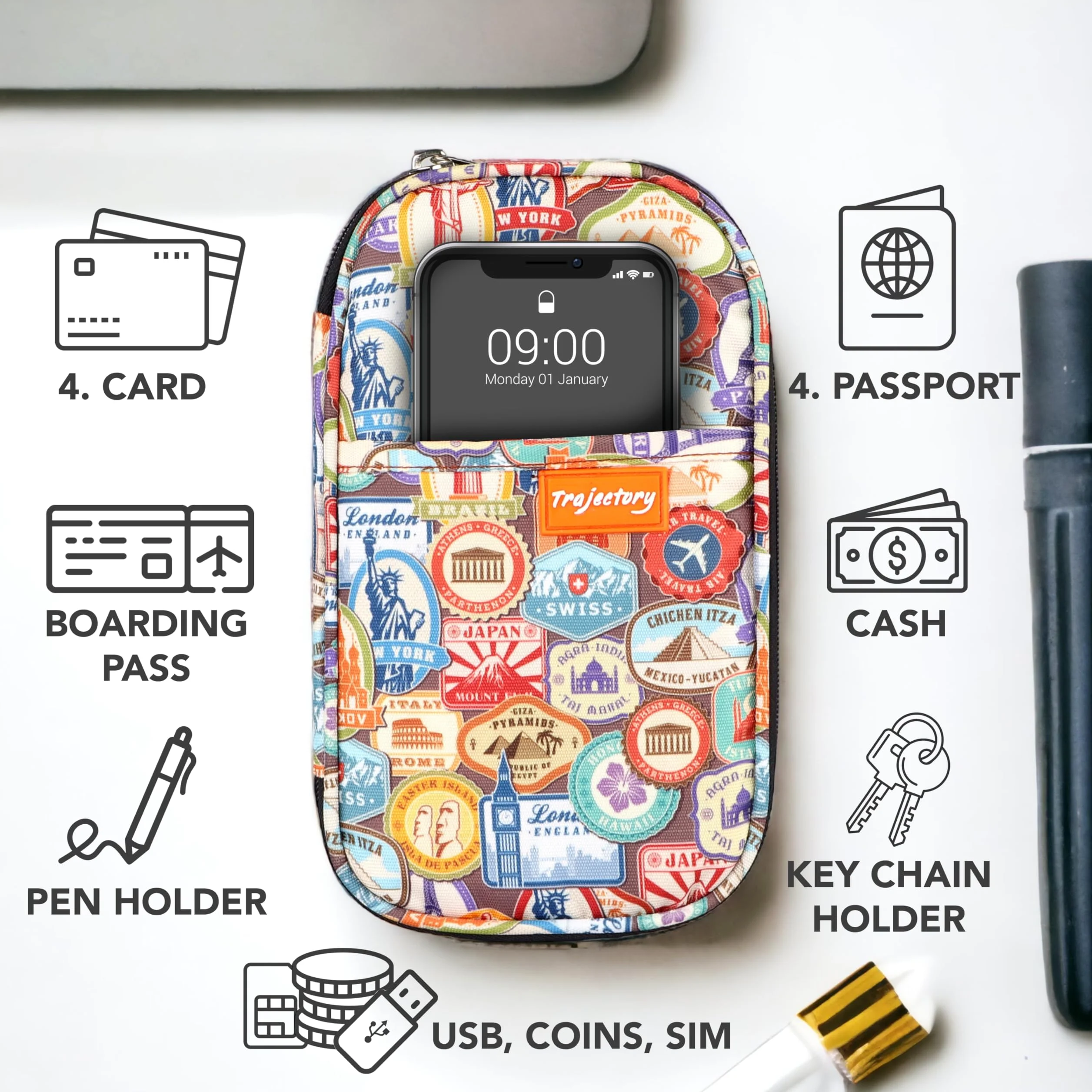 Trajectory Portatarjetas y pasaporte de viaje unisex para adultos, de poliéster, para uso diario y viajes internacionales, con 4 ranuras para pasaporte y 5 ranuras para tarjetas, MONUMENTO, STANDARD,