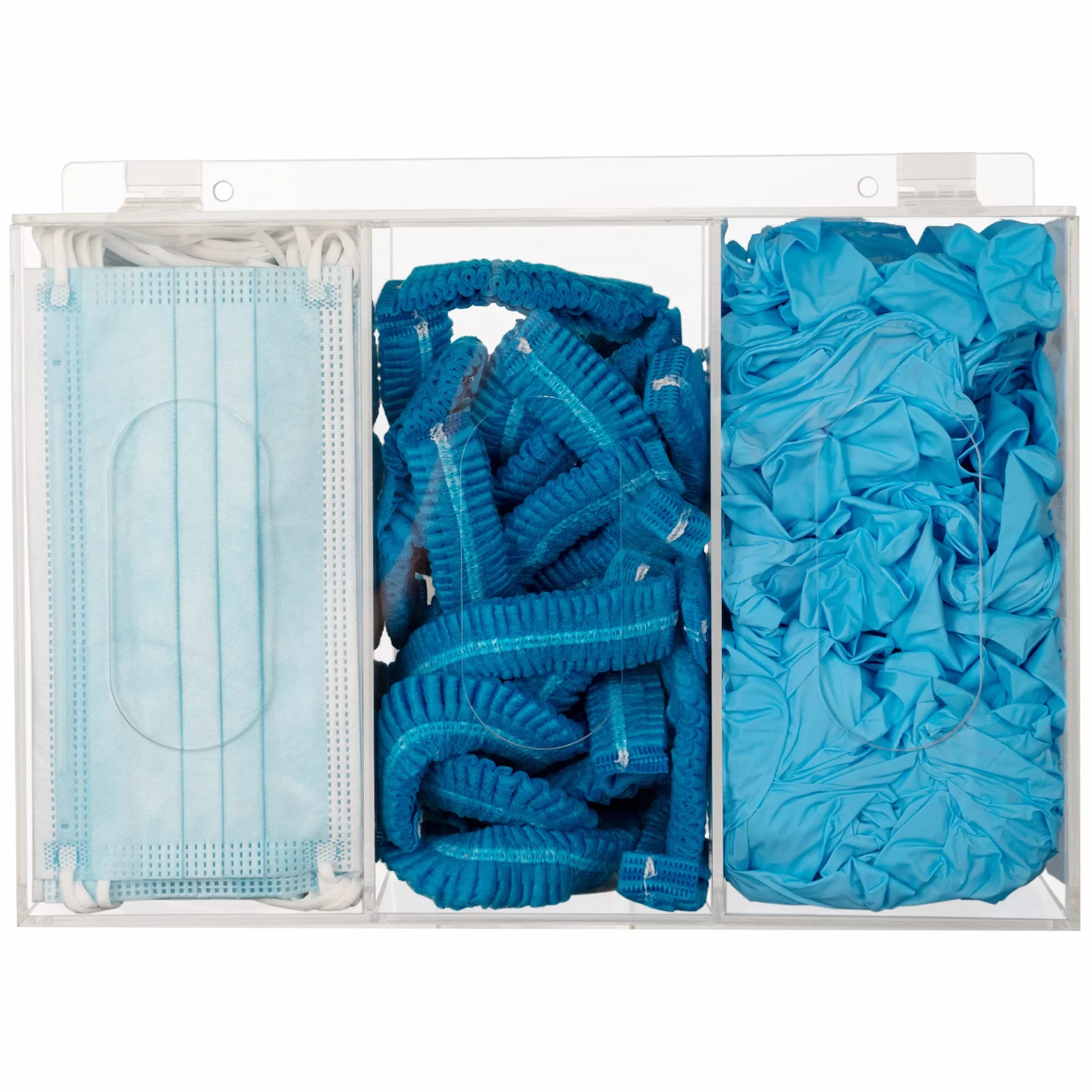 KOEMEHR 3 en 1 Dispensador de red para cabello y cubrezapatos, dispensador de mascarillas y guantes, soporte de pared acrílico