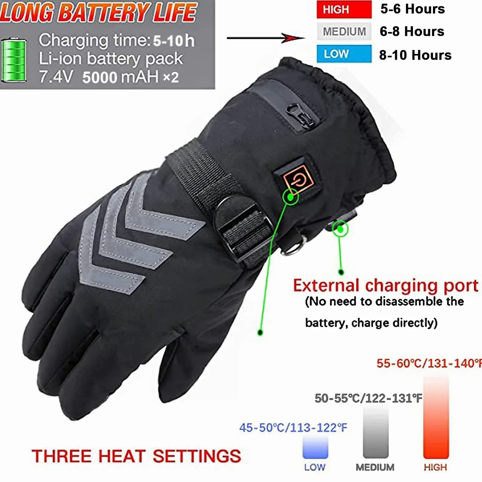 Guantes térmicos eléctricos de Invierno Impermeables a Prueba de Viento Ciclismo Calentamiento cálido Pantalla táctil Guantes térmicos alimentados por batería, 5000 mA