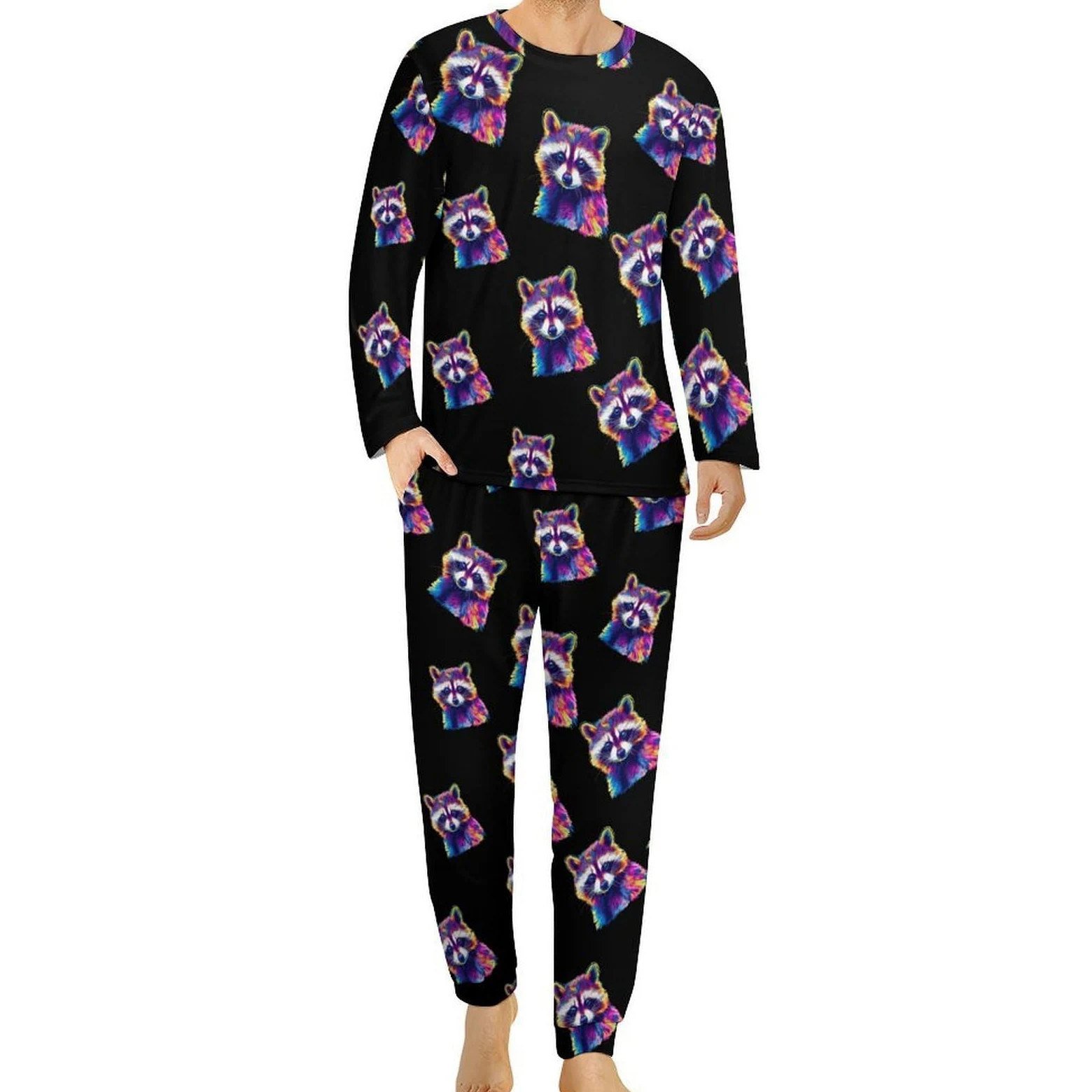 Colorido mapache - Conjunto de pijama para hombre, cuello redondo, ropa de descanso larga, 2 piezas