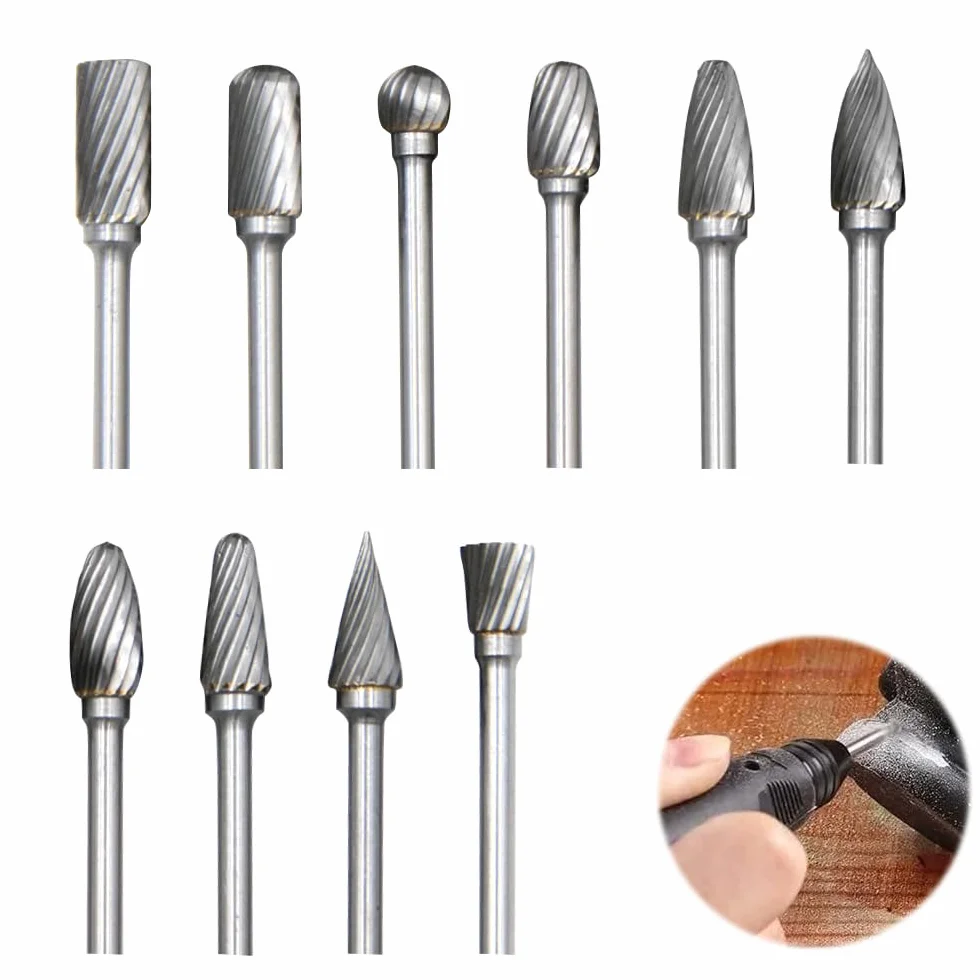 Mizikuu Juego de Fresas Rotativas de Carburo de Tungsteno, 10 Piezas, Vástago de 1/8" para Grabado y Pulido de Metales