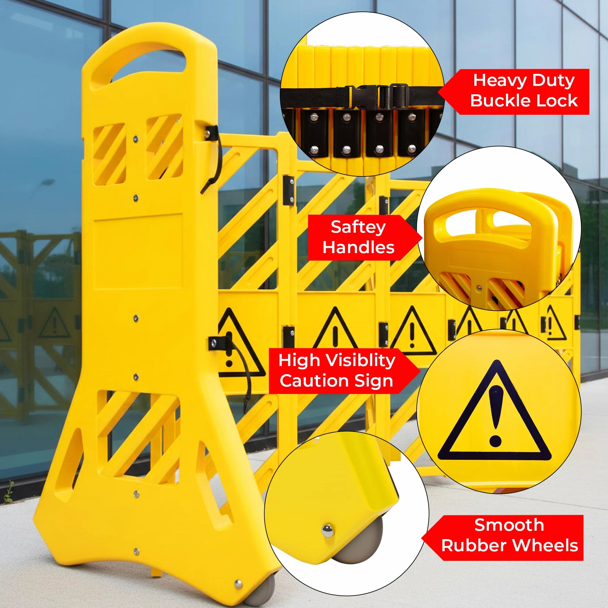 Barrera de plástico plegable expandible Amarillo | Barricada seguridad móvil retráctil | Control tráfico temporal peatonal